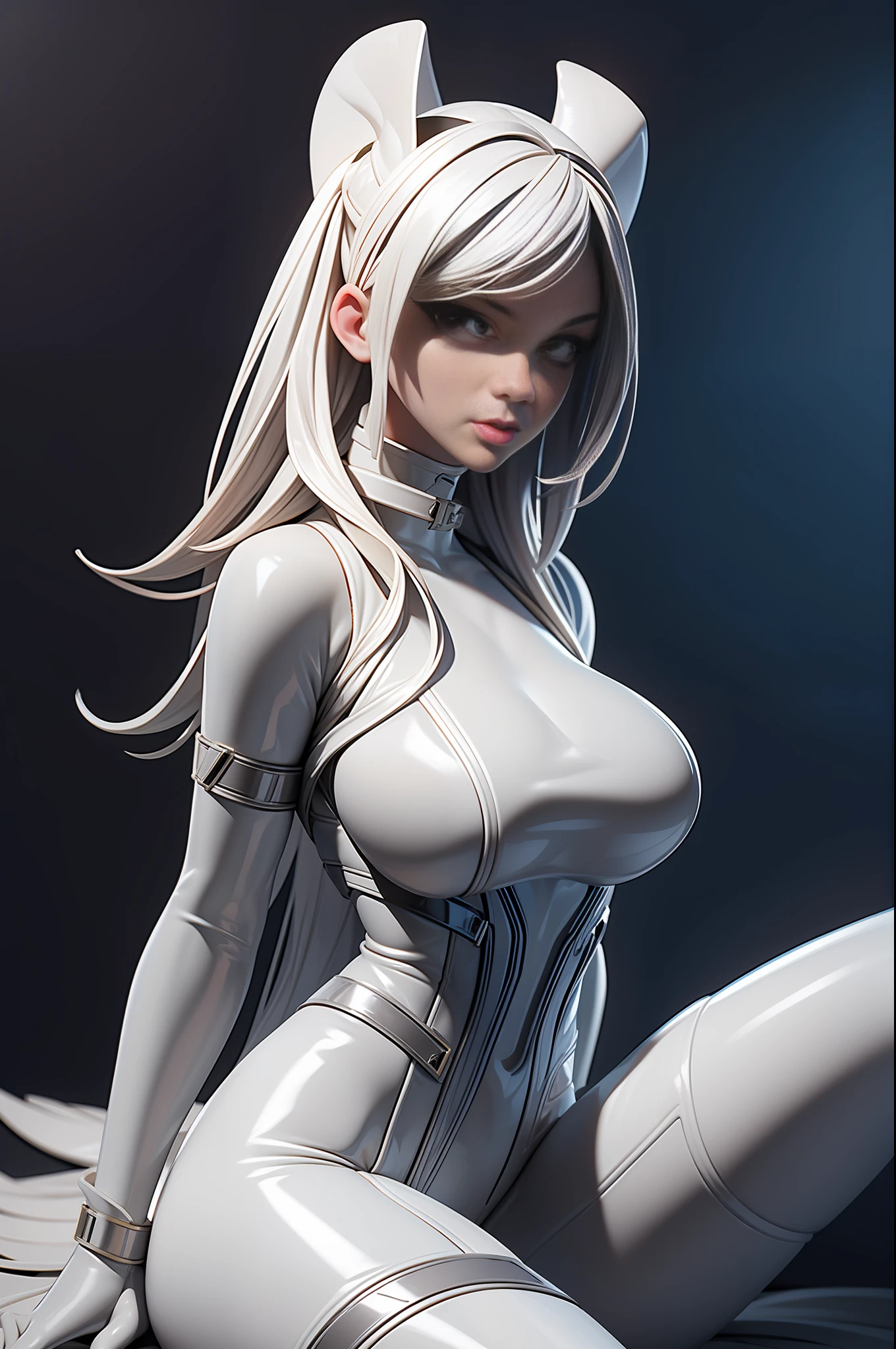 full body picture Unreal Engine 5 8K UHD of beautiful women, wearing white tight latex catsuit covered whole body, latex mask, latex collar, latex body harness and lace, arm and leg cuffs, latex corset, latex long glove, sitting in office, best quality, masterpiece, 8K UHD wallpaper