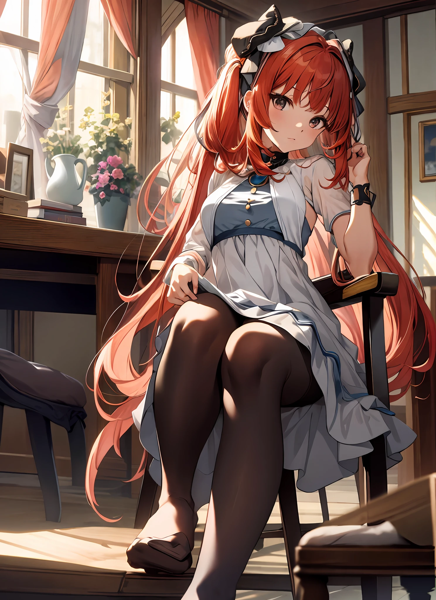 {{masterpiece}},illustration,best quality,extremely detailed CG unity 8k wallpaper,1girl_solo, full_body, from_below, looking_at_viewer, looking_down,((white pantyhose: 1.5)), (no shoes:1.3),chair,twintail,red hair,braided bangs,Sexy and charming panties,revealing dress,window,(Close-up of the foot),hair_ribbon,strong rim light,花,cameltoe,