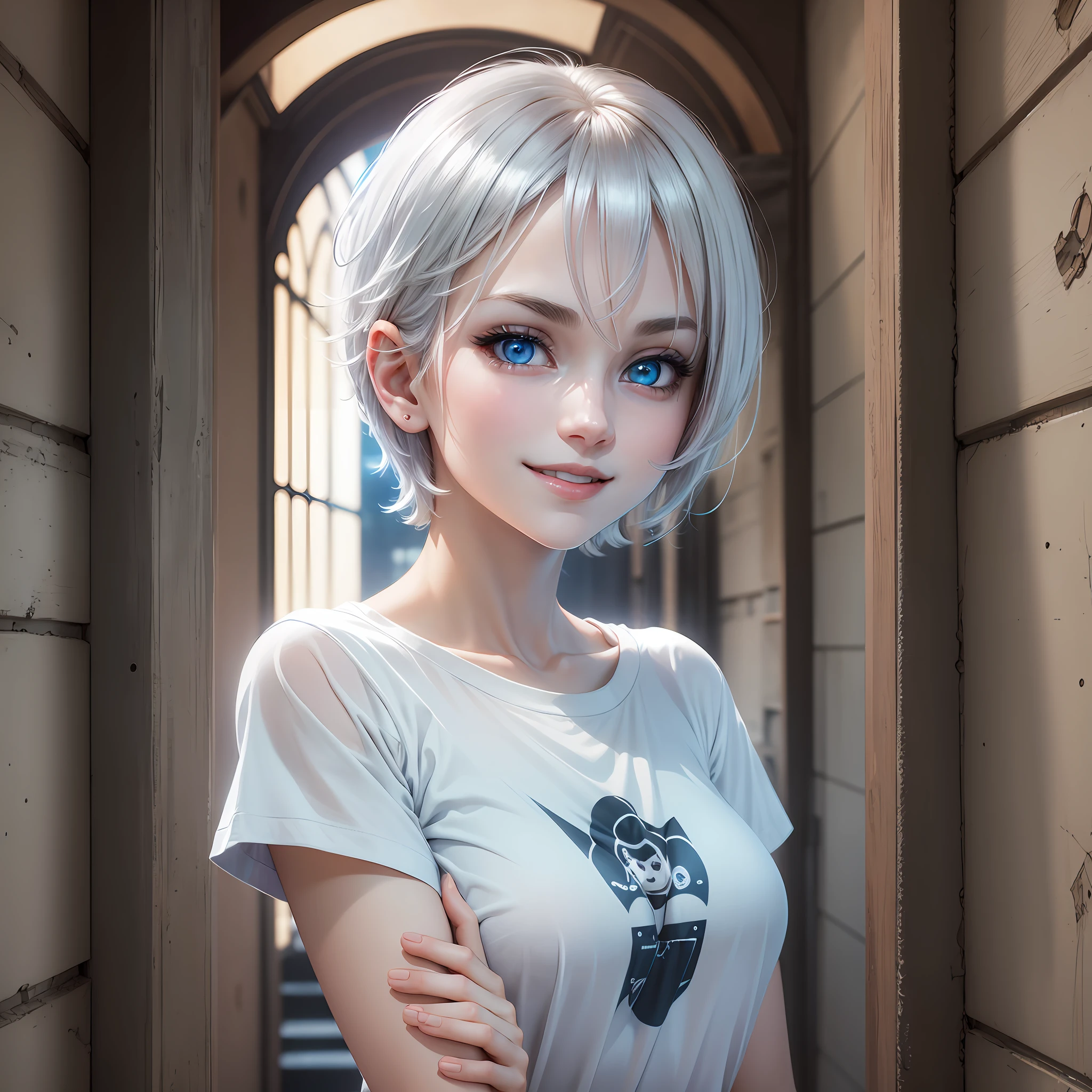 white skin, ultra beautiful face, breasts, t-shirt, beautiful lights and shadows, night, ambient light, pessonage, anime, girl with short hair, silver white, blue eyes, beautiful eyes, smiling, charismatic, giving cool with hands, Maximum quality. --auto --s2