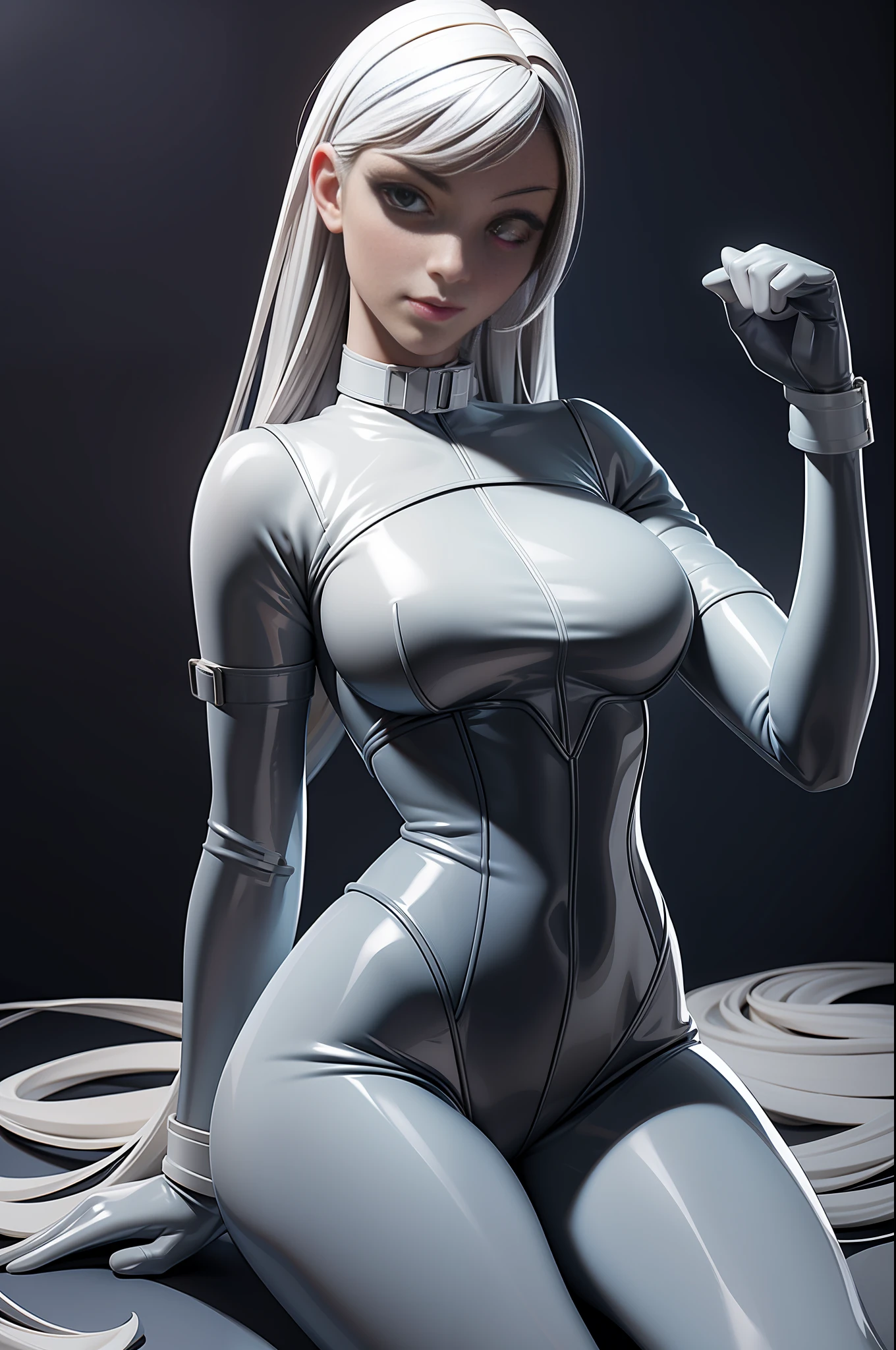 full body picture Unreal Engine 5 8K UHD of beautiful women, wearing white tight latex catsuit covered whole body, latex mask, latex collar, latex body harness and lace, arm and leg cuffs, latex corset, latex long glove, sitting in office, best quality, masterpiece, 8K UHD wallpaper