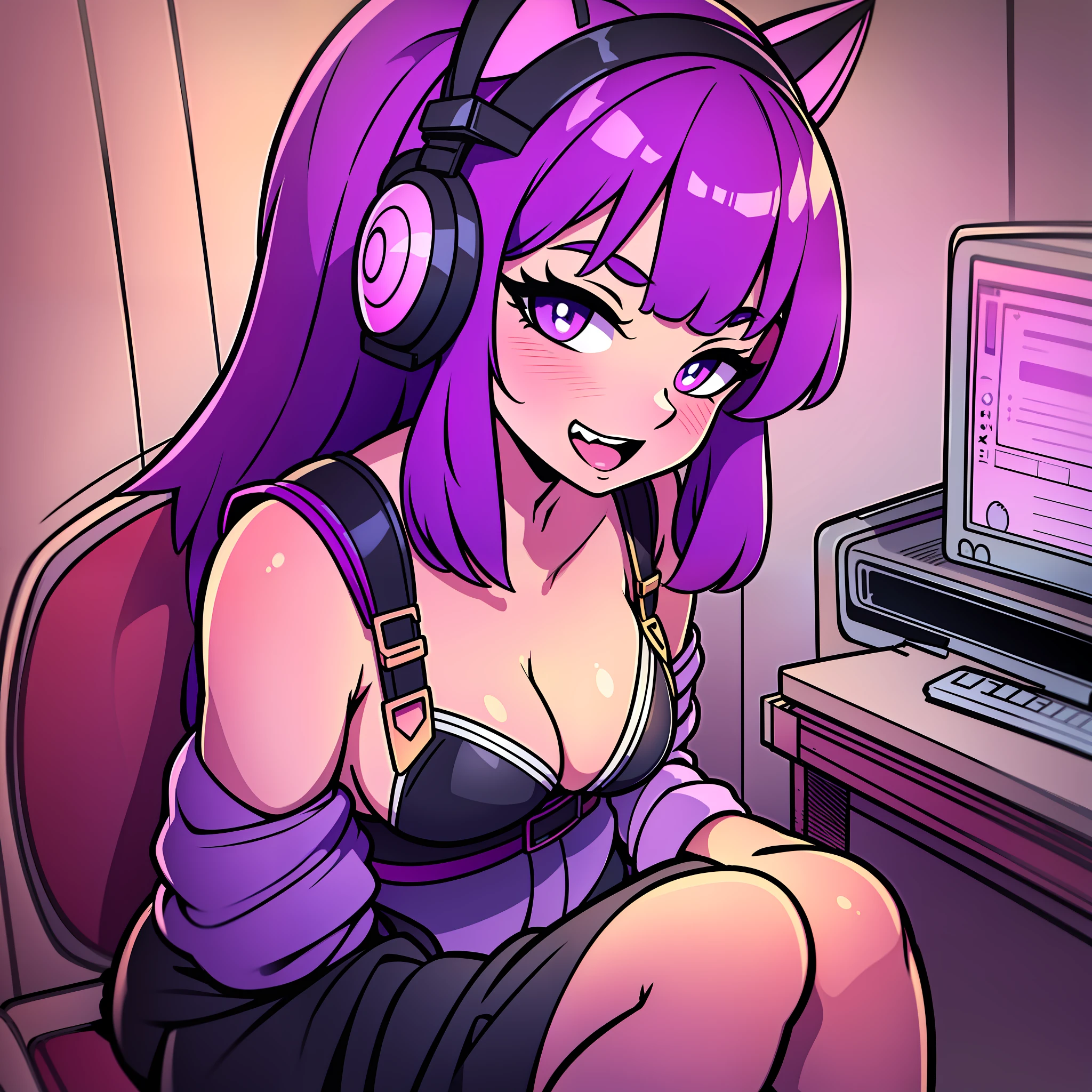 gamer girl, sitting in a desk, in front of a pc, brown skin, gorgeous, e-girl, military straps, black straps, long hair, bangs, heart-shaped pupils, makeup, excited, CatEarHeadphones, film grain, image fill, halftone, depth of field, perspective, UHD, masterpiece, textured skin, 16k, best quality, simple background, brush stroke background, frosted purple tips, military black leather straps