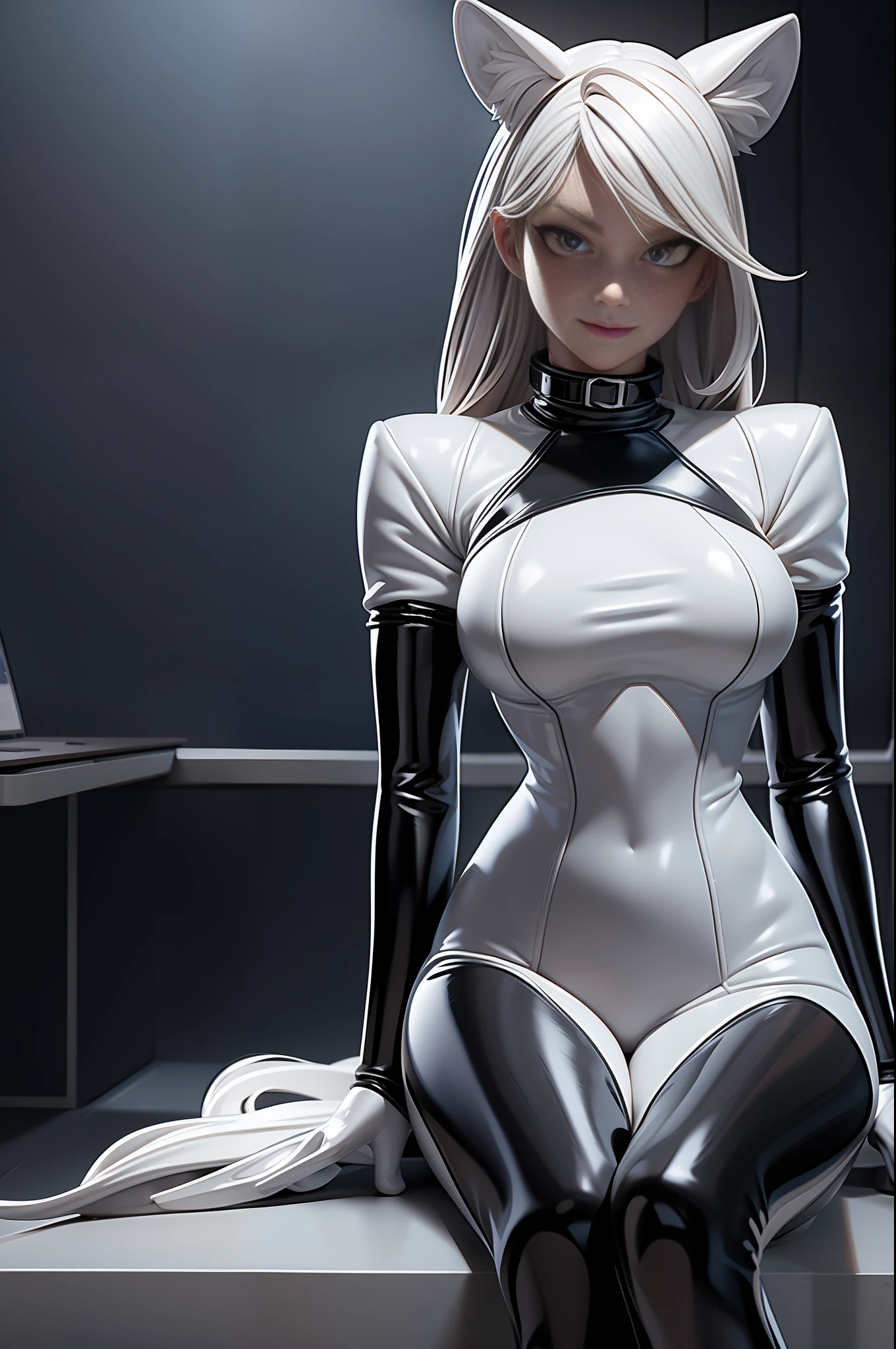 full body picture Unreal Engine 5 8K UHD of beautiful women, wearing white tight latex catsuit covered whole body, latex mask, latex collar, latex body harness and lace, arm and leg cuffs, latex corset, latex long glove, sitting in office, best quality, masterpiece, 8K UHD wallpaper