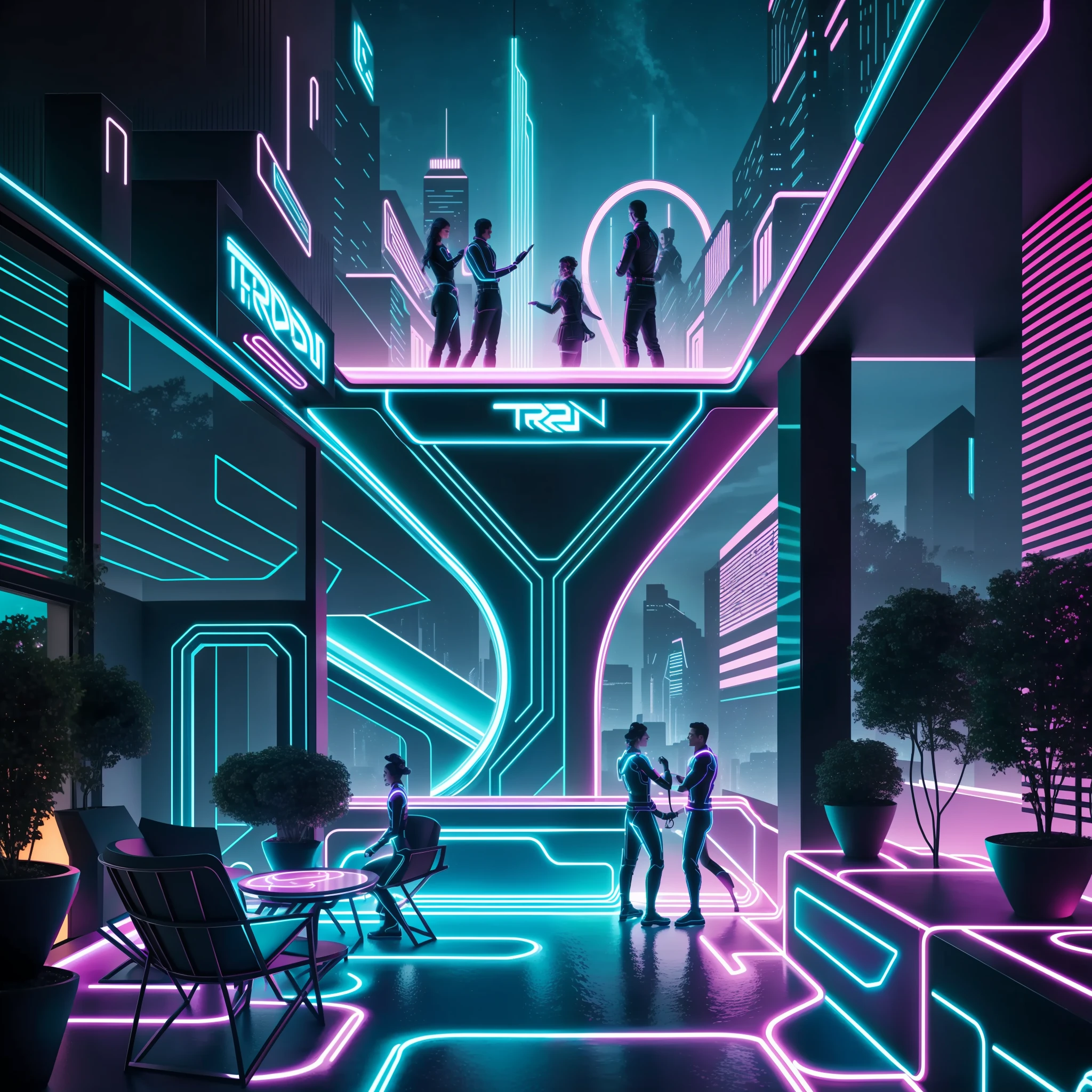 Create a vibrant ambience on a terrace inspired by the fantastic universe of Tron - The Legacy, flooded by the glow of ultra-realistic neon, filled with people dancing, kissing, singing, in a night full of life and energy