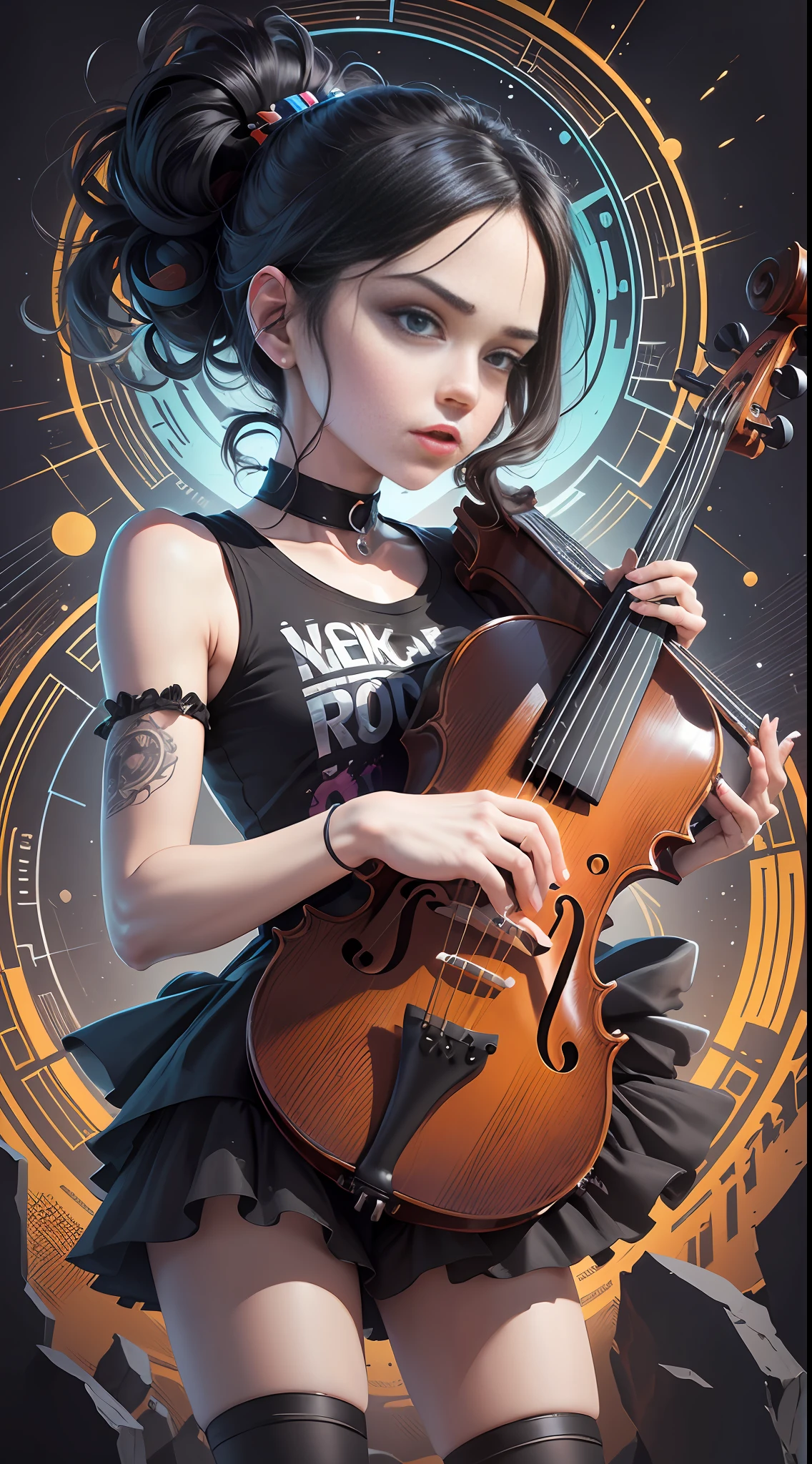t-shirt art, 2D, ((black background: 1, 5)), vector, vivid colors, violinist playing on a rock and roll stage, dystopian stage, cartoon style, masterpiece, best quality, intricate details, symmetrical face perfect, rim light, moonlight, cinematic shading, Greg Rutkowisk --auto --s2
