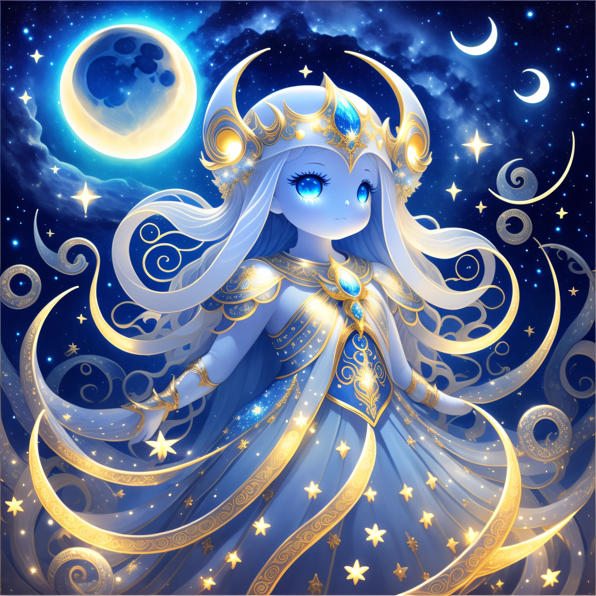 cephalopod, (cephalopod), Goddess of the hunt and the moon, luminescent blue tentacles, short golden hair, tiara made of stars and crescent moon, white silver and blue dress armor, silver cross bow held in a tentacle, nighttime with the moon bright overhead, masterpiece, Best Quality