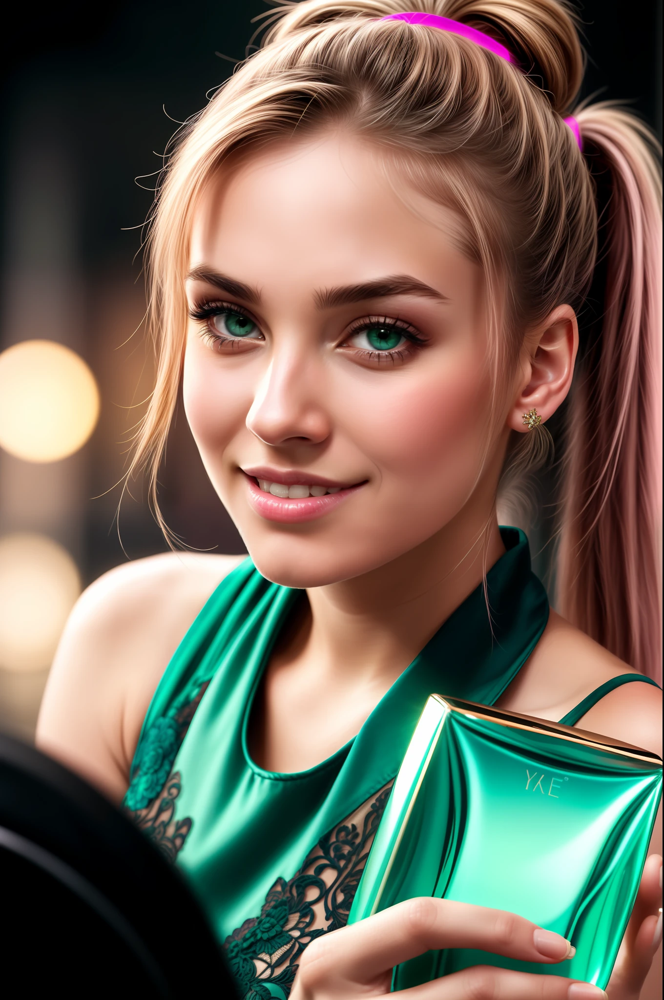 night scene, close-up photo of a sexy girl, posing, presenting a luxury perfume bottle near the face on the left side touching the face, look at a camera and smile, pink ponytail hair, (green eyes: 0.8), beautiful young face, 18 yo, soft volumetric lights, (backlit: 1.3), (cinematic: 1.3), intricate details, (ArtStation:  1.2)