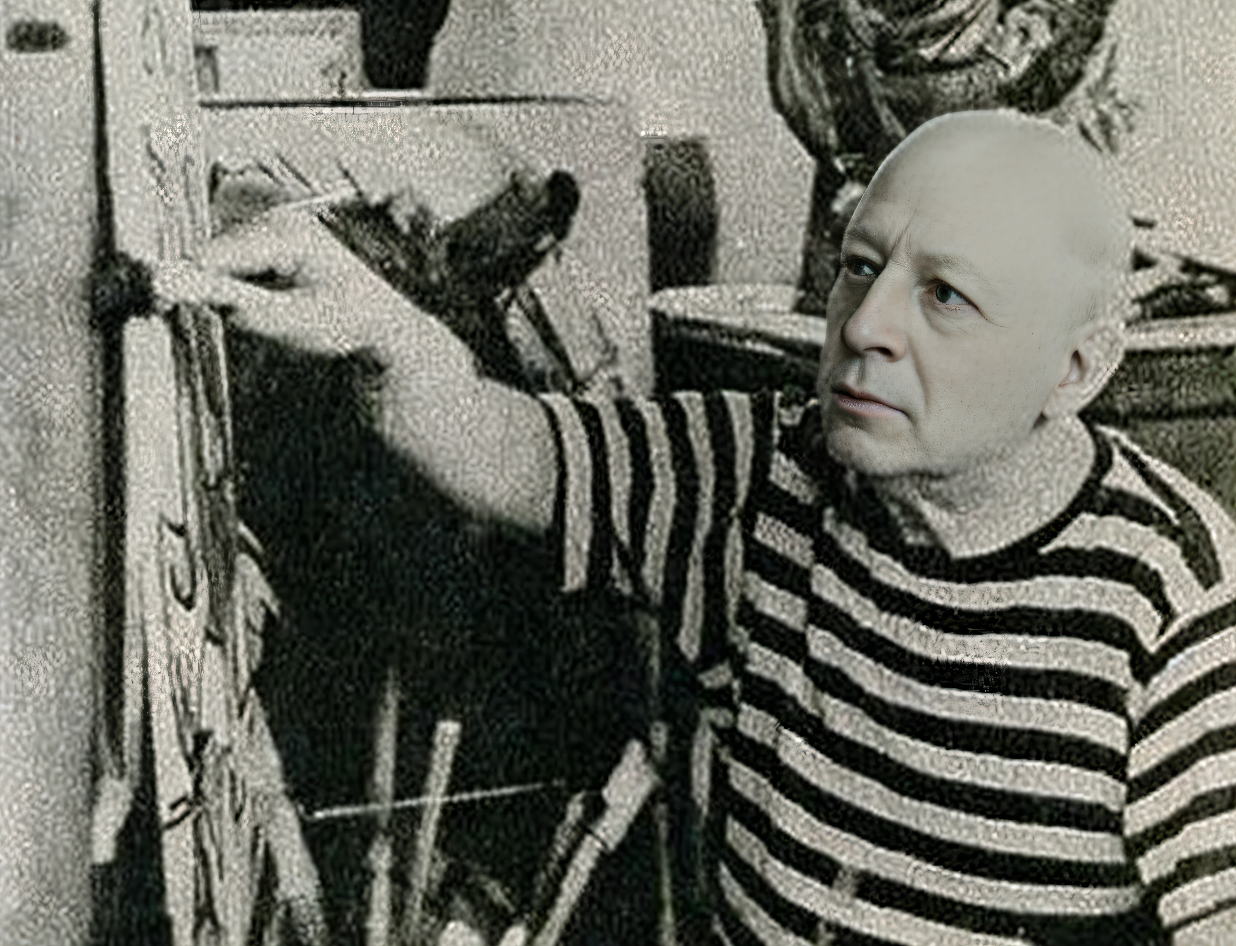 Man in striped shirt painting easel in black and white photo, Pablo Picasso and Mark Brooks, Pablo Picasso painting, Pablo Picasso. graffiti art, max fleischer, by Pablo Picasso, juan miro, giorgio di chirico, marc davis, picasso style, picasso style, jackson pollock painting, by Picasso, Picasso masterpiece, inspired by Pablo Picasso, high definition, 4k, image restoration