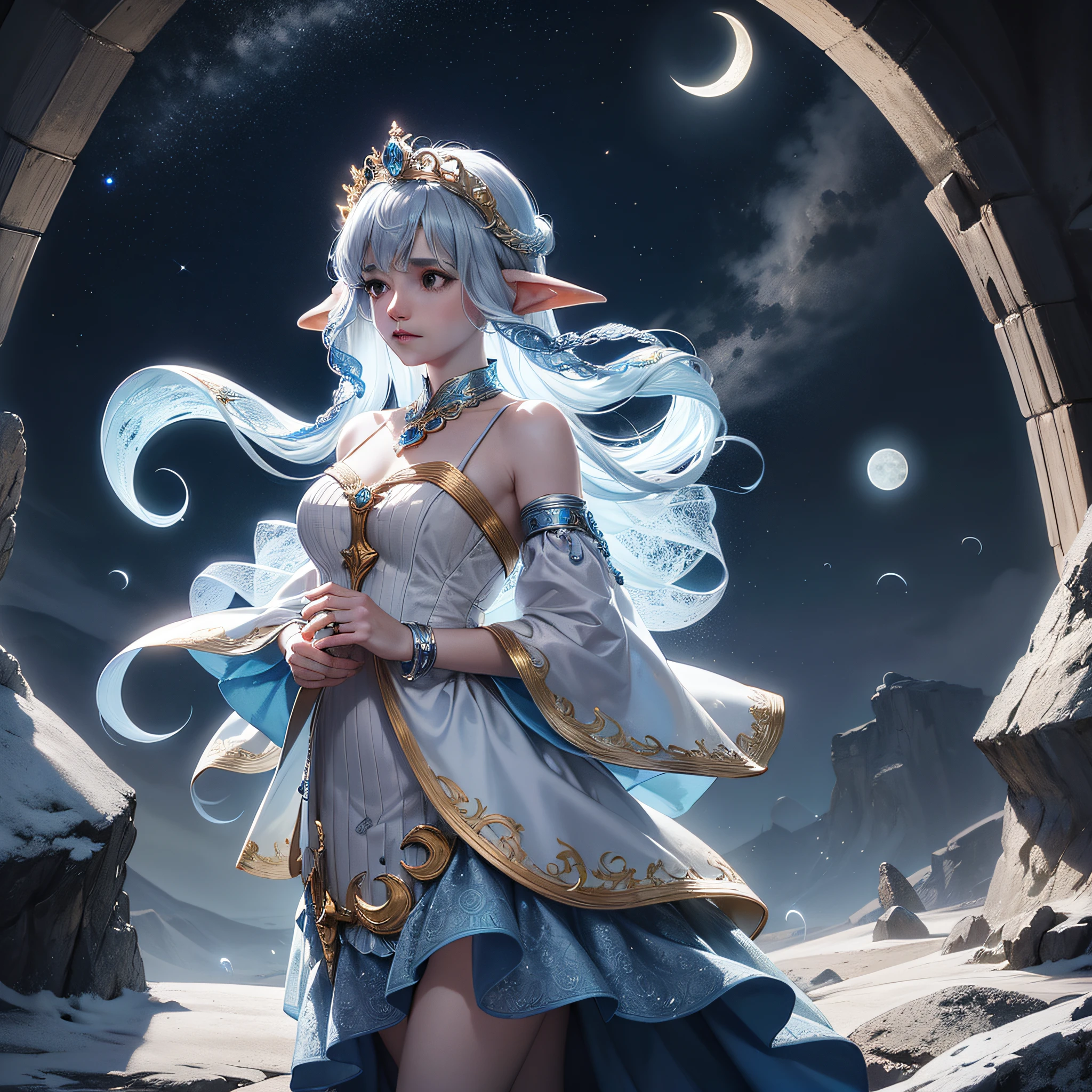 cephalopod, (cephalopod), Goddess of the hunt and the moon, luminescent blue tentacles, short golden hair, tiara made of stars and crescent moon, white silver and blue dress armor, silver cross bow held in a tentacle, nighttime with the moon bright overhead, masterpiece, Best Quality