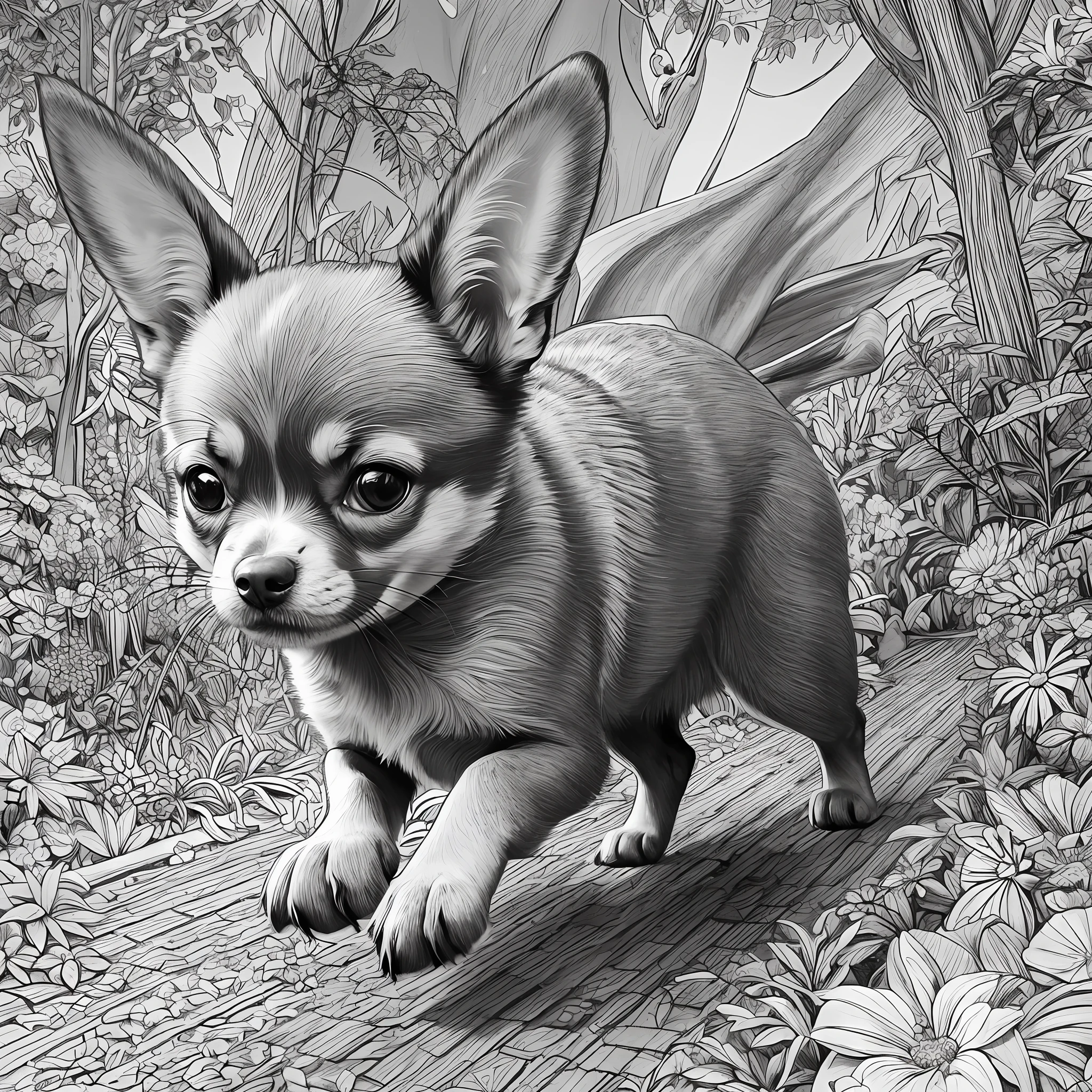 Coloring Pages drawing, no color, cute little chihuahua dog, running, environment is a forest with trees and flowers, lineart --auto --s2