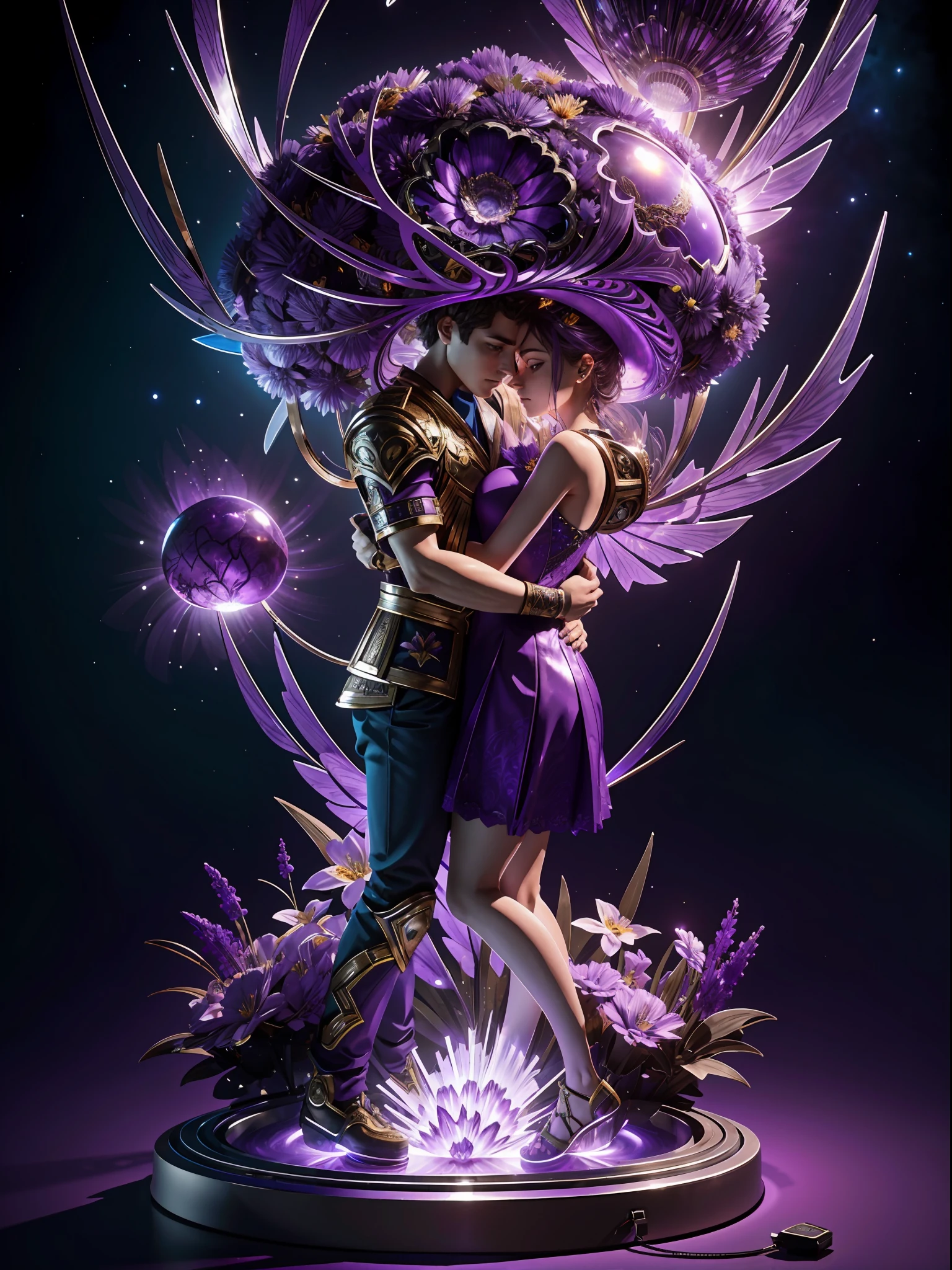 Incredible and spectacular scenes, ((high quality)), ((detailed)), ((fantasy)), "purple plasma brain, purple plasma body, realistic, best quality, 4K, flowers trapped in blisters at the top realistic, (handsome teenager and beautiful girl hugging), full body portrait", image quality (3D rendering effect) , exquisite details,