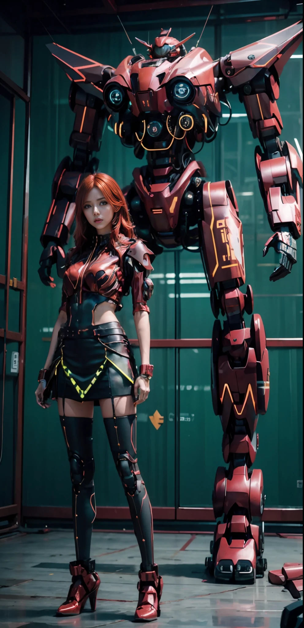 (Masterpiece, extremely kind), (1 girl), red haired, slim, standing in front of a huge mecha, in the middle of the screen, behind a huge elevator. Red mecha, night, light, city, skirt, perfect face, whole body, fuzzy, luminous, mechanical, arm luminous, Gunda robot,