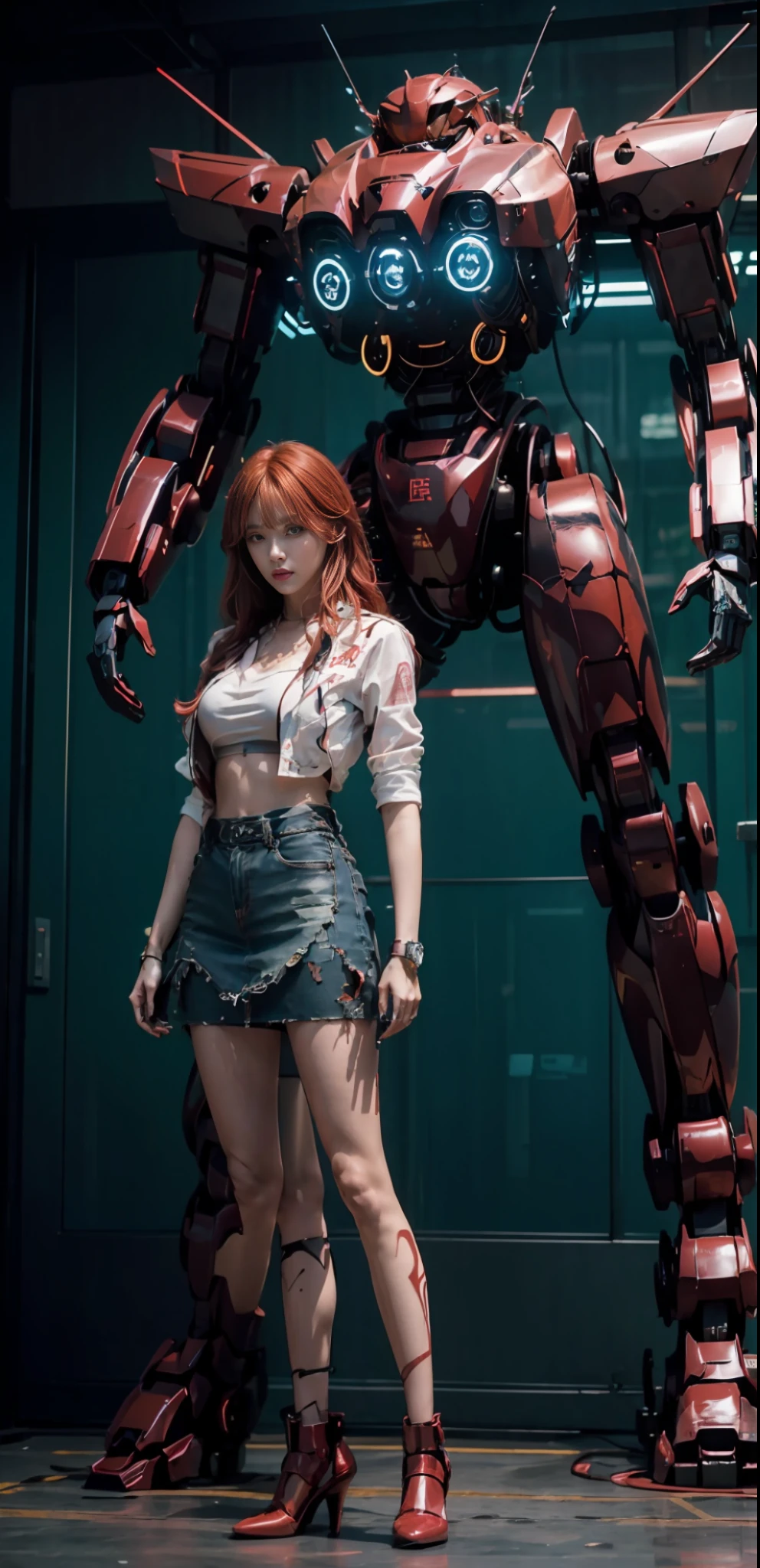 (Masterpiece, extremely kind), (1 girl), red haired, slim, standing in front of a huge mecha, in the middle of the screen, behind a huge elevator. Red mecha, night, light, city, skirt, perfect face, whole body, fuzzy, luminous, mechanical, arm luminous, Gunda robot,