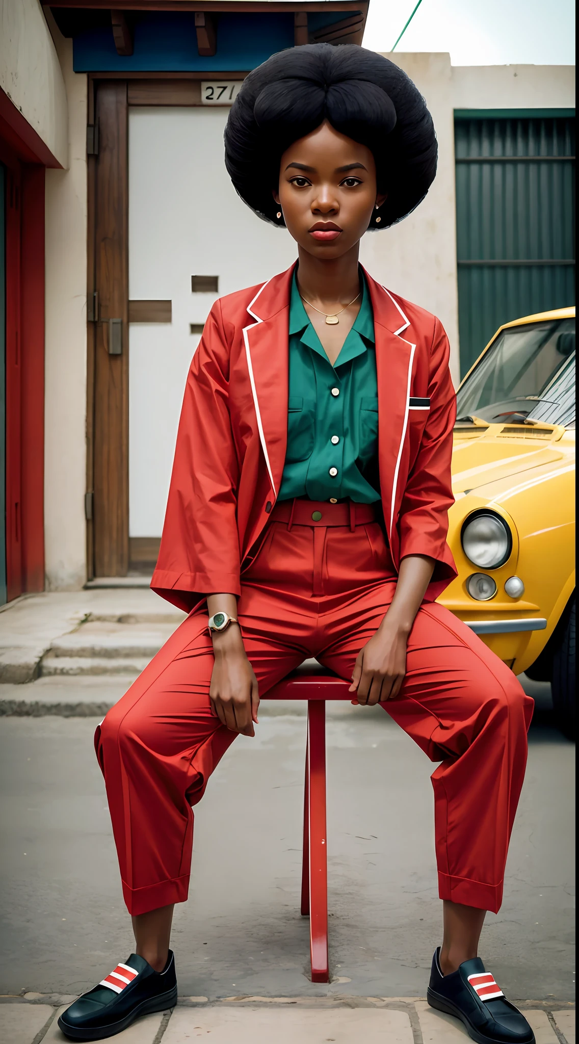 yoshitomo nara, wes anderson, new casualism, retro, minimalism(1african girl with black power hair and red clothes)sexy,cameltoe