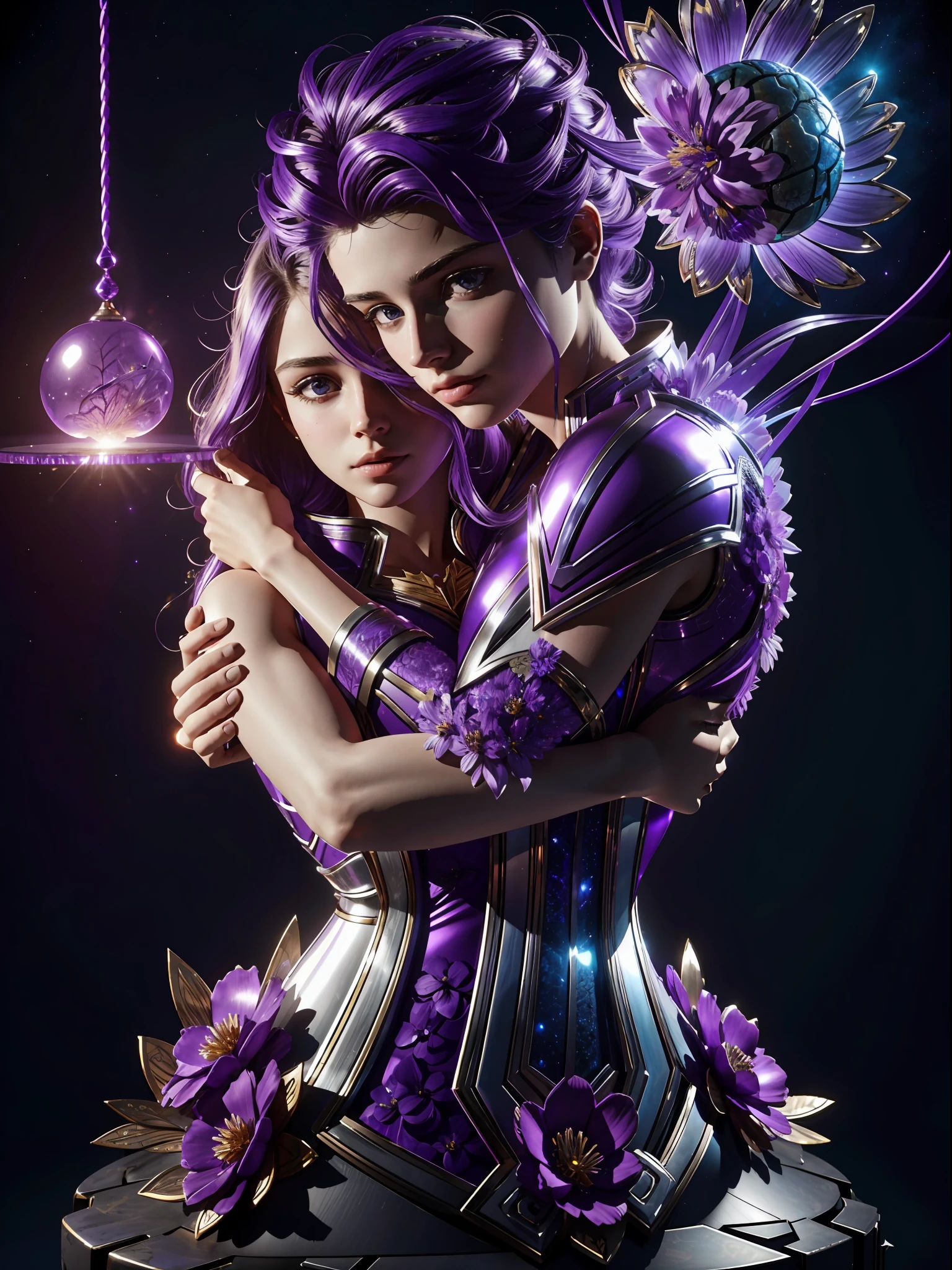 Incredible and spectacular scenes, ((high quality)), ((detailed)), ((fantasy)), "purple plasma brain, purple plasma body, realistic, best quality, 4K, flowers trapped in blisters at the top realistic, (handsome teenager and beautiful girl hugging), full body portrait", image quality (3D rendering effect) , exquisite details,