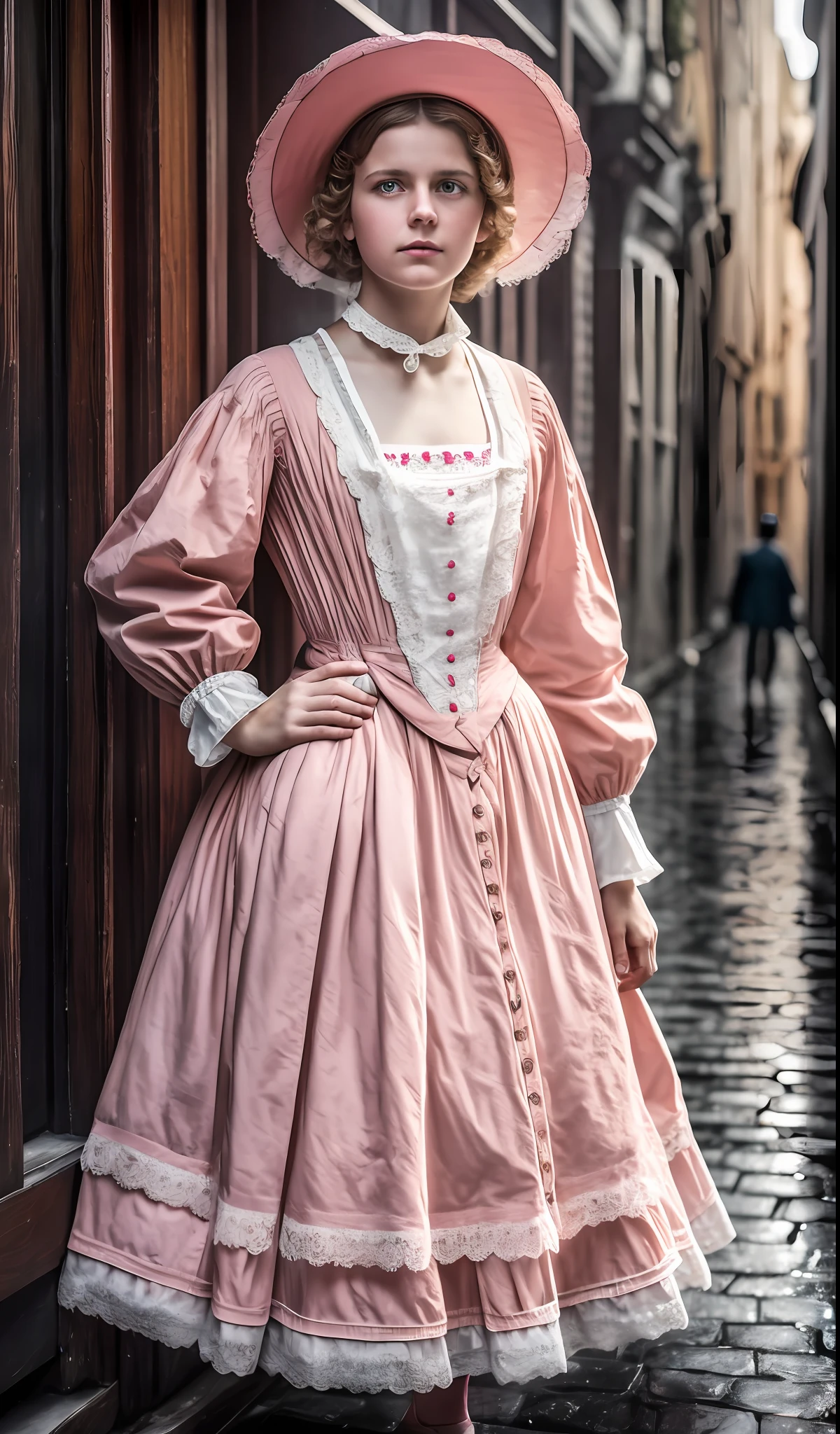 (8k, RAW photos, top quality), Getty Images, Dynamic pose, photograph of a woman dressed in the clothes of a European lower class woman in the 1900s, Getty photography in the 90s, (detail perspective: 0.8), (camera perspective: 1.4), (highest quality), (best shadows), intricate detail, detailed and calm colors, pink, film photography, Eastman Kodak Company, Getty Images, 8k rendering, ultra detail, photorealism, surrealism, high quality, wonderful, super detail, crazy detail, ultra detail, Photorealistic, Epic Composition, 32k, (HDR:1.5), National Geographic --v 6 --s2