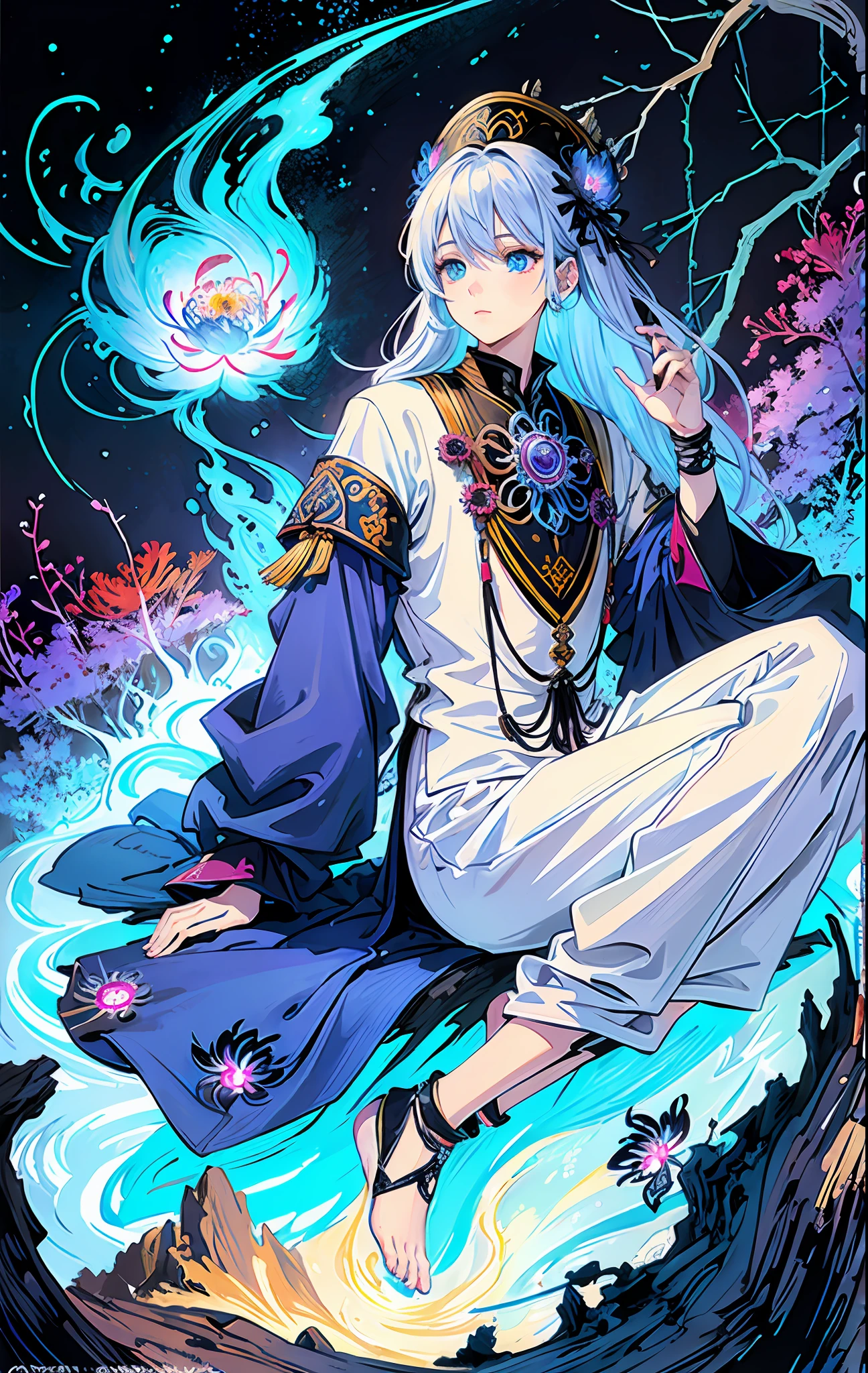 Realistic, (Masterpiece, Top Quality, Best Quality, Official Art, Beauty and Aesthetics: 1.2), Very Detailed, Fractal Art, Colorful, Most Detailed, Zentangle, (Abstract Background: 1.5) (1boy: 1.3), Gods, (Glowing Blue Eyes), Mysterious, (Magic), Ice, ((Sitting on Giant Lycoris Rata)), Yellow Springs Hell, Soul Ferryman, Ghost