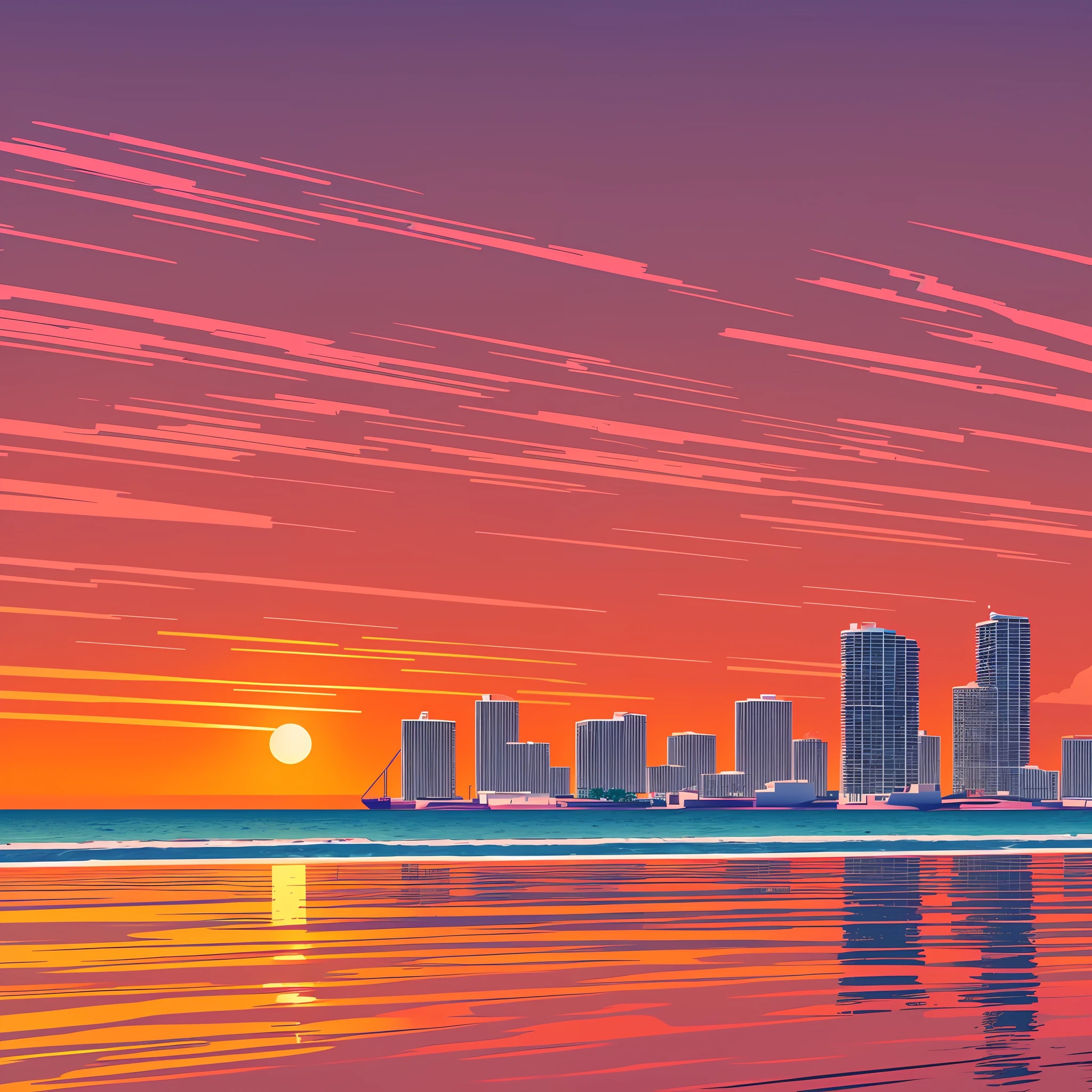 Photo of Miami Beach, detailed illustration in GTAV style, official artwork, red sunset, city, --auto --s2