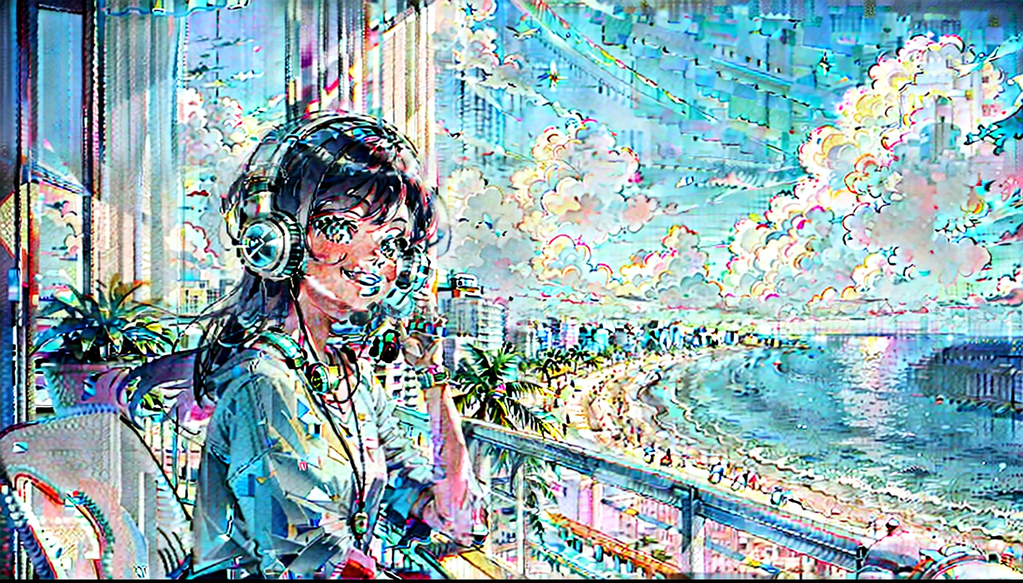 (1 girl), animated screencap, dim, florida, hotel room, balcony,summer, smiling with headphones, 16:9