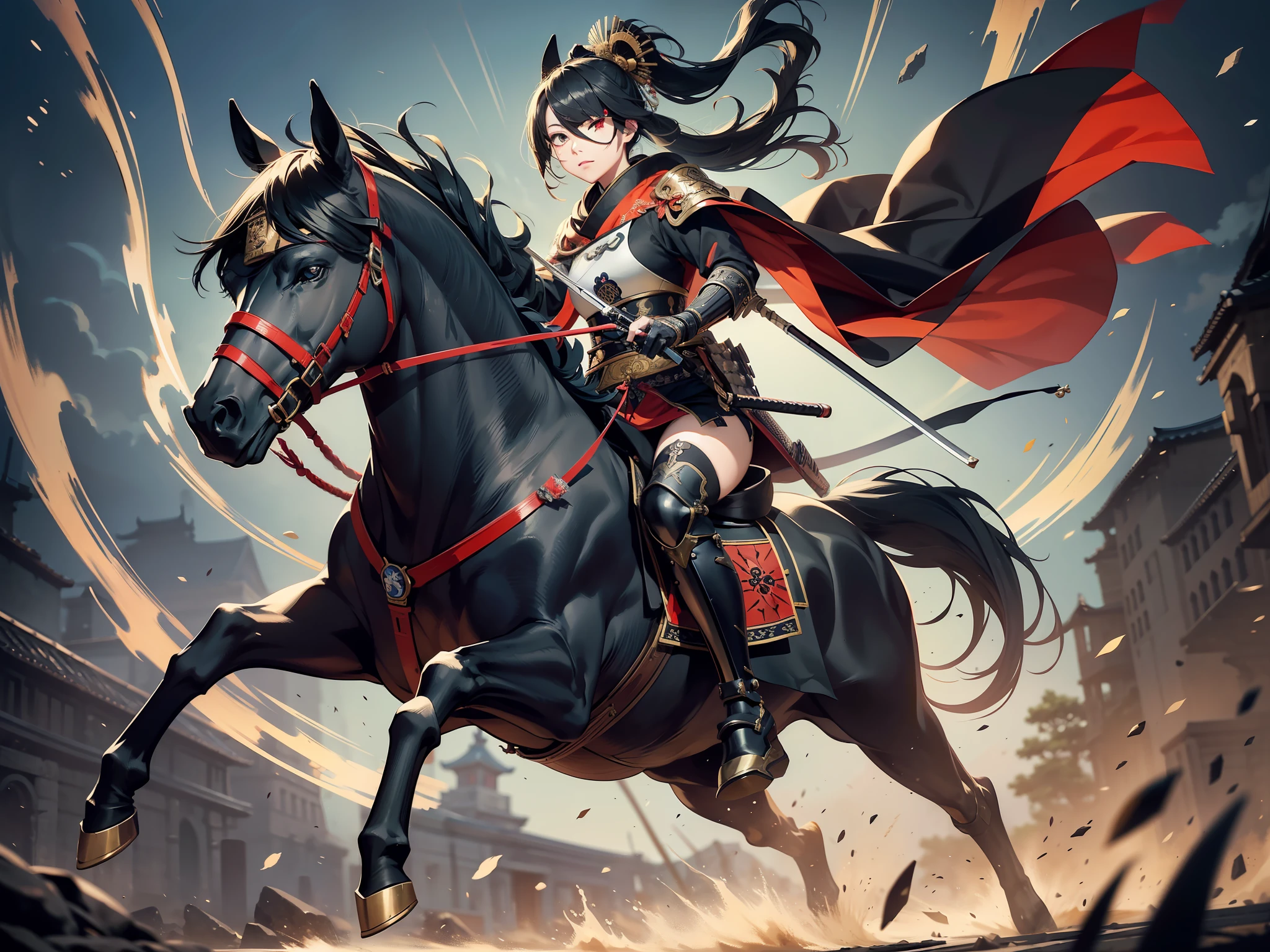 (Detailed art of a beautiful one-eyed samurai woman riding a horse on the battlefield), Masterpiece, (She is shooting enemies with a gun), (detailed arquebus), Samurai Armor, (Eye patch), scars on face, fighting on the battlefield, Full body art, symmetry, sharp eyes, oil painting, concept art, volume lighting, tanbil tamim, 2d rendering, 8K.