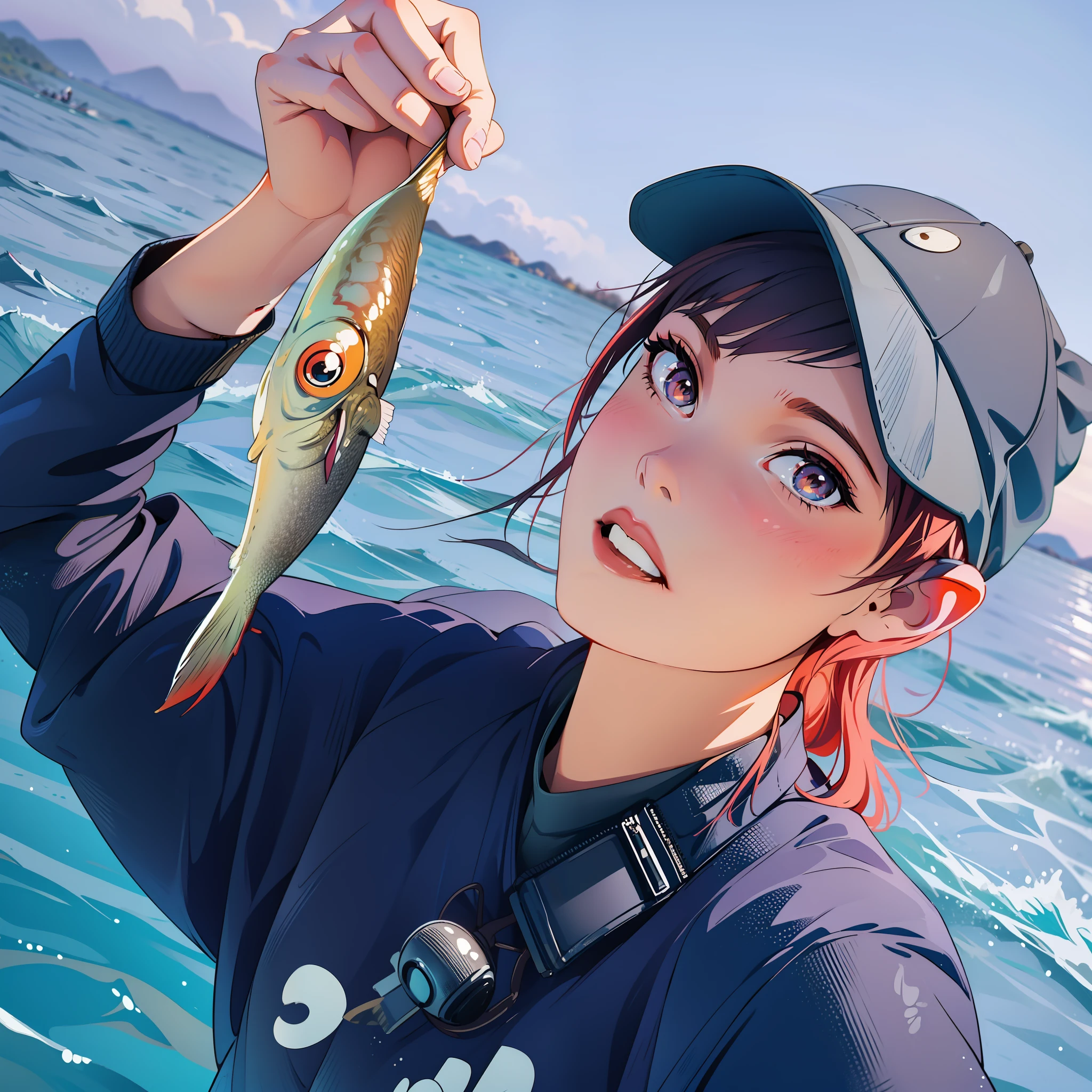 araffe girl holding a fish in her hand on a boat, 奈良美智, sakimichan, rin, fish in the background, chiho, sakimi chan, sayori, lalisa manobal, sui ishida, sun yunjoo, sakimimichan, wearing a fisher 🧥