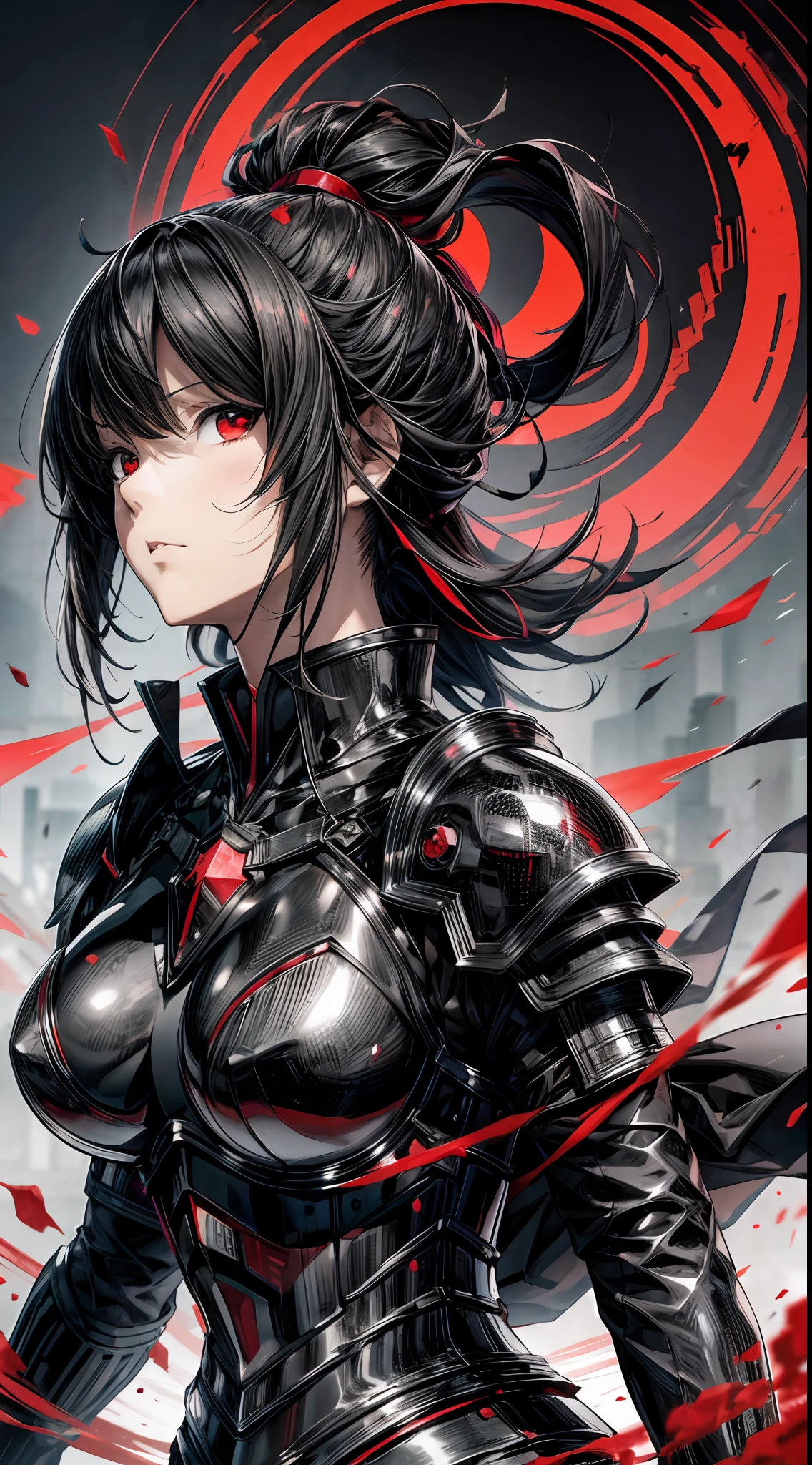 anime style, armored black horse, (brilliant red eyes), blood on head, deadly aspect, dark scenary, 8k, (high definition), high quality