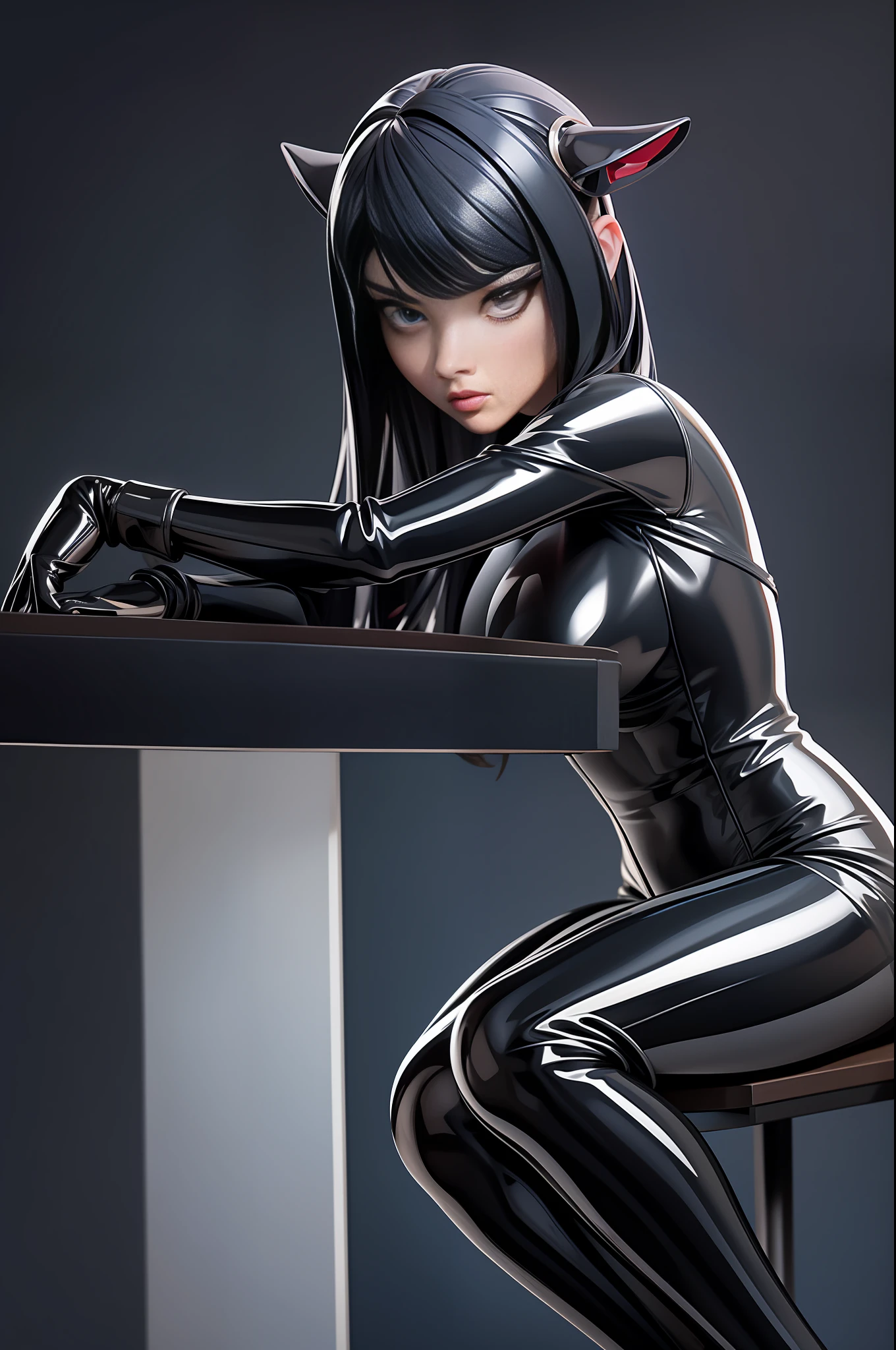 full body picture Unreal Engine 5 8K UHD of beautiful women, wearing tight latex catsuit covered whole body, latex mask, latex collar, latex body harness and lace, arm and leg cuffs, latex corset, latex long glove, sitting on the table, office scene, best quality, masterpiece, 8K UHD wallpaper