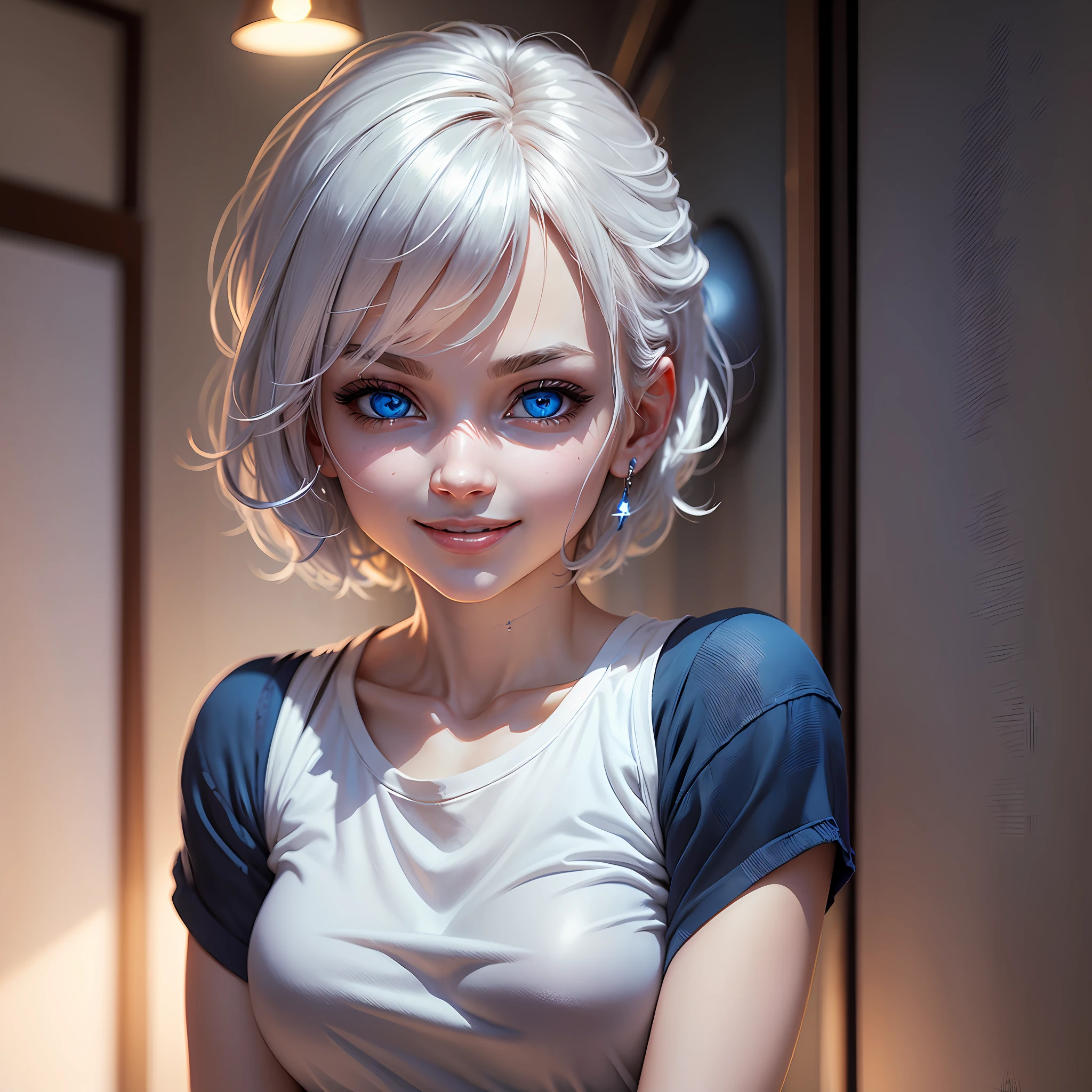 white skin, ultra beautiful face, breasts, t-shirt, beautiful lights and shadows, night, ambient light, pessonage, anime, girl with short hair, silver white, blue eyes, beautiful eyes, smiling, charismatic, giving cool with hands, Maximum quality. --auto --s2