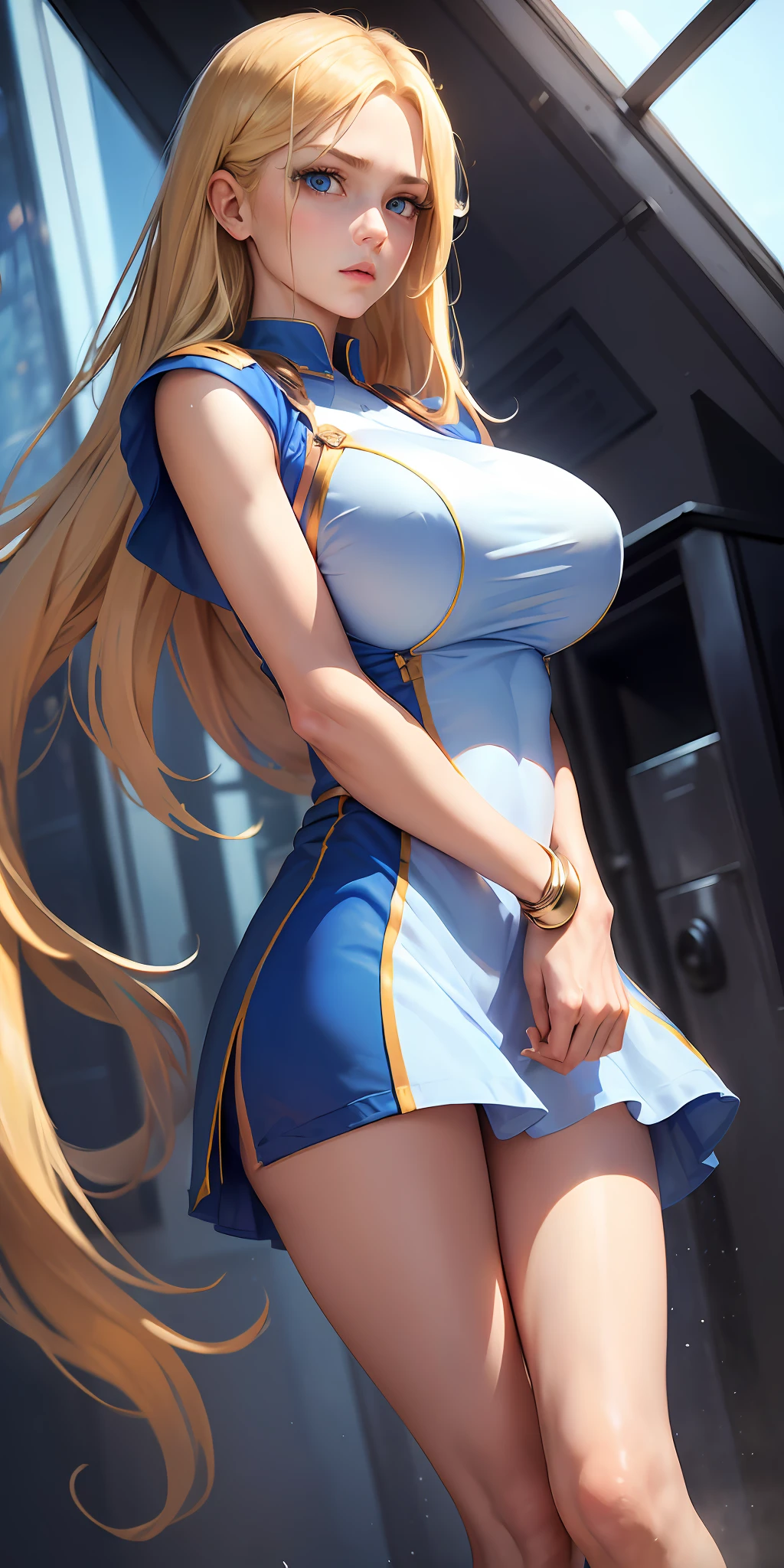 ((Best quality, masterpiece, absurdres)) ,1girl, Woman (25 years old, corpor definido,adult, long blonde hair, huge breasts, expressive blue eyes) wearing a short shift dress (supergirl uniform shift dress,tube dress)