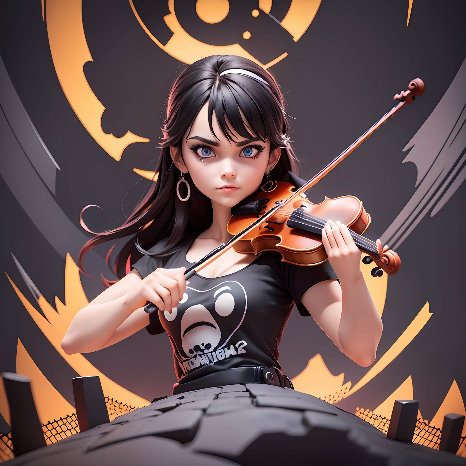 t-shirt art, 2D, ((black background: 1, 5)), vector, vivid colors, violinist playing on a rock and roll stage, dystopian stage, cartoon style, masterpiece, best quality, intricate details, symmetrical face perfect, rim light, moonlight, cinematic shading, Greg Rutkowisk --auto --s2