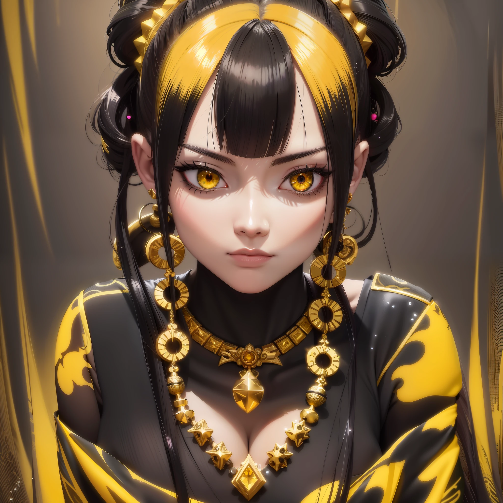 Anime girl with yellow eyes and black dress with gold jewelry, anime style 4 K, anime style. 8k, detailed digital anime art, guvez style artwork, detailed portrait of anime girl, stunning anime face portrait, anime style digital art, 8k high quality detail art, 8k stunning artwork, digital anime illustration, badass anime 8k, bust
