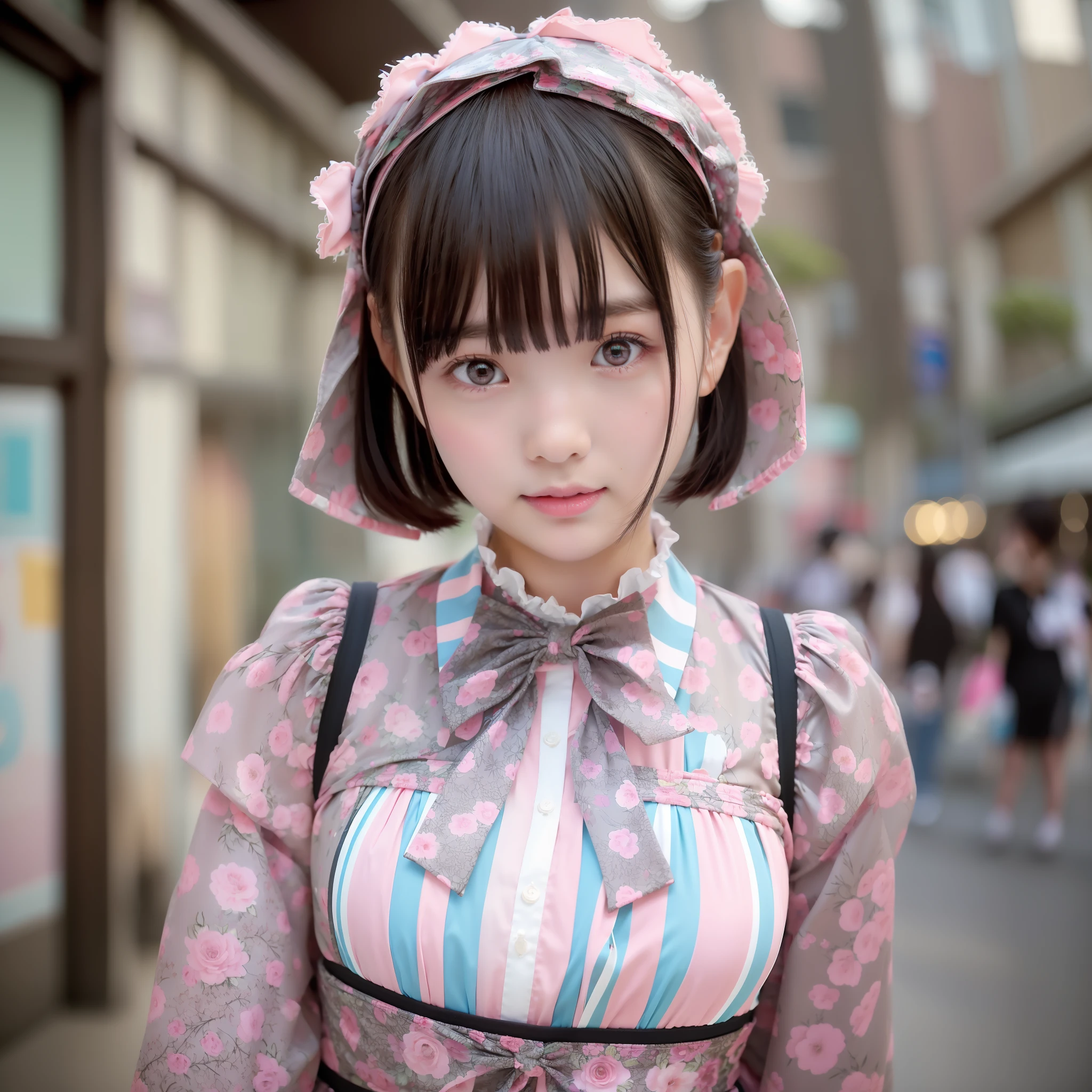 1 girl, solo, (short hair), japanese idol, perfect figure, beautiful eyes double eyelids, lolita fashion, colorful pastel color clothes, downtown like Harajuku, broad smile, upper body, blow a wind, slim body