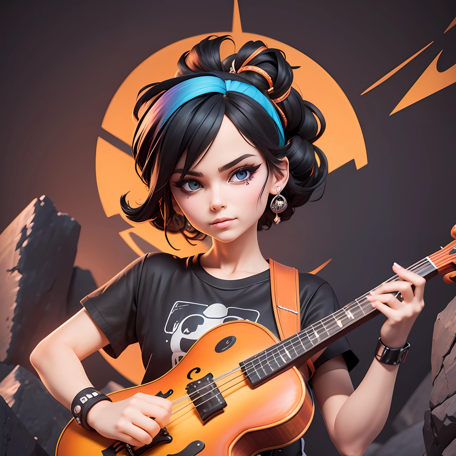 t-shirt art, 2D, ((black background: 1, 5)), vector, vivid colors, violinist playing on a rock and roll stage, dystopian stage, cartoon style, masterpiece, best quality, intricate details, symmetrical face perfect, rim light, moonlight, cinematic shading, Greg Rutkowisk --auto --s2