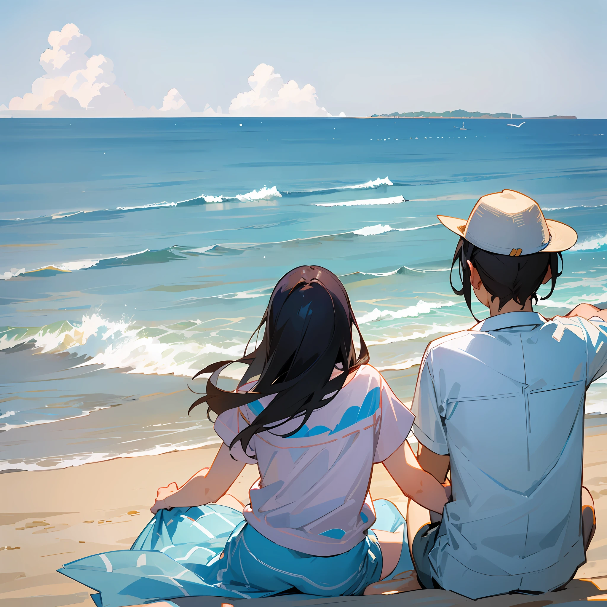 (sunshine, light breeze, view of the beach) Young couple watching the sea --auto --s2
