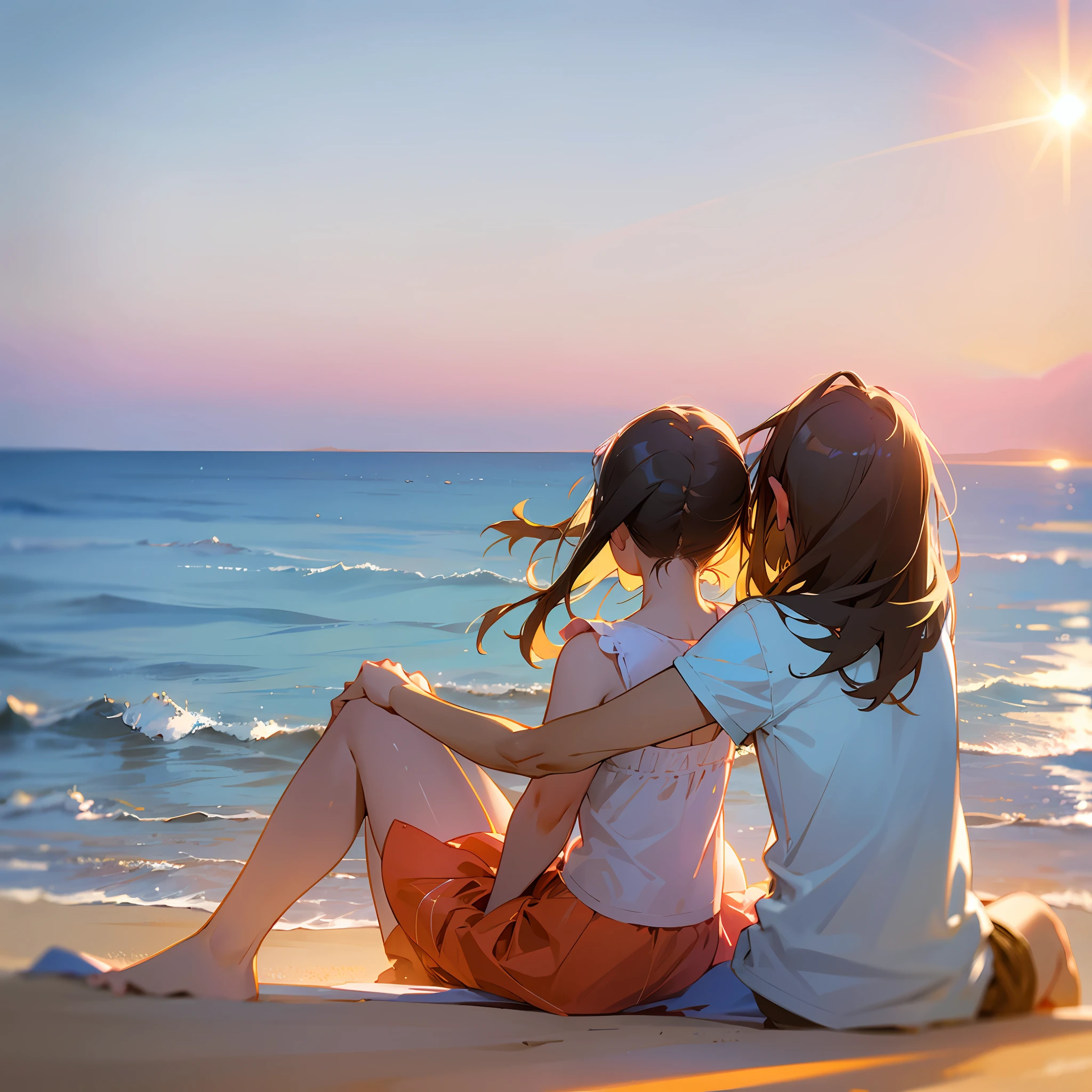 (sunshine, light breeze, view of the beach) Young couple watching the sea --auto --s2