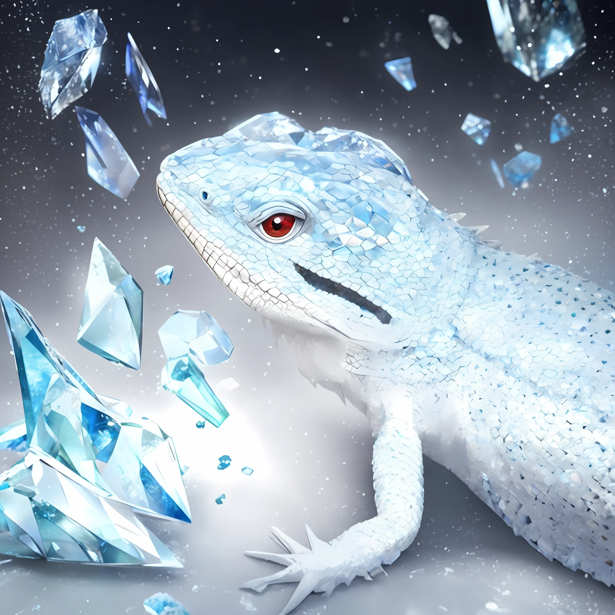there is a lizard that is standing next to a broken glass, crystalized scales, crystal dragon, master of ice, blue scales. playing in the snow, ice lord, icy, encrusted with jewels, ultra realistic 3d illustration, scary sharp icy, water dragon, crystal encrusted, rendered in keyshot, by Adam Marczyński, frost dragon