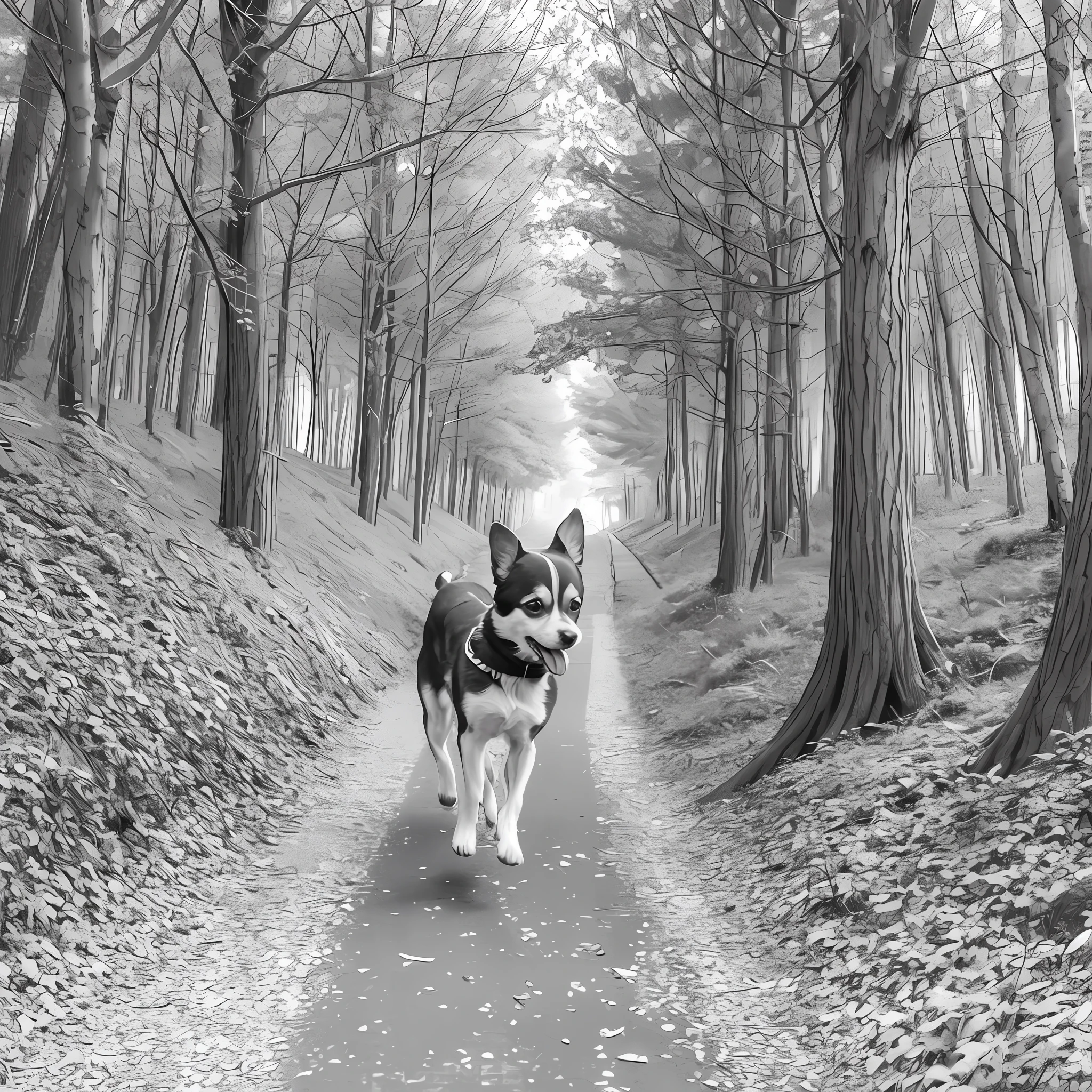 Coloring Pages drawing, no color, cute little chihuahua dog, running, environment is a forest with trees and flowers, lineart --auto --s2