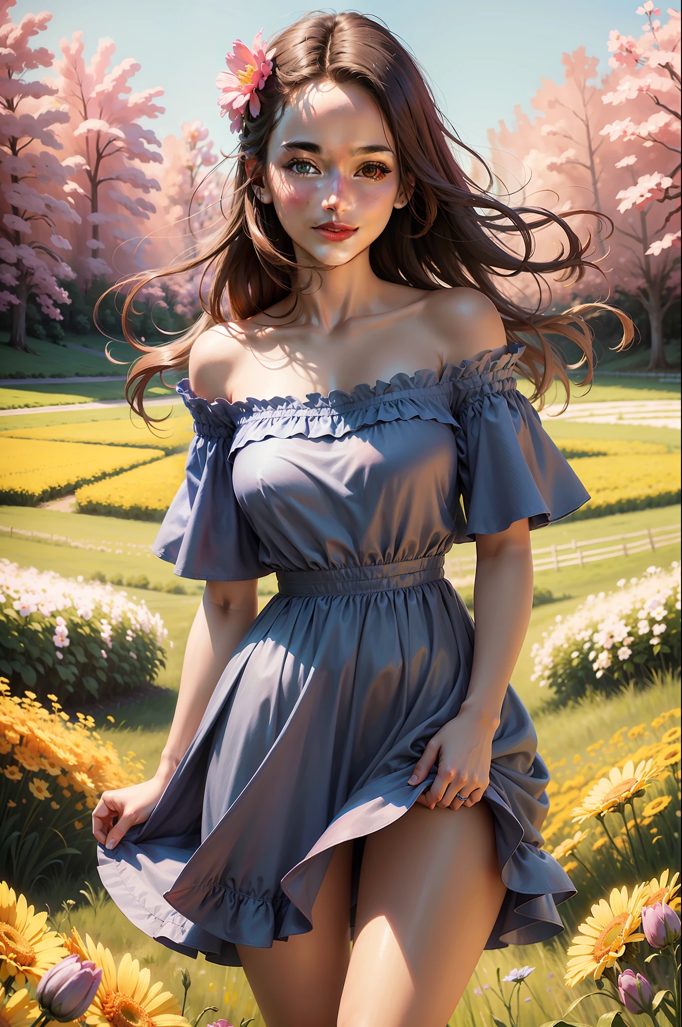 Best quality, masterpiece, ultra high res, (photorealistic: 1.4), raw photo, 1girl, blue dress, off shoulder, field of flowers in bloom, bright skin, light smile, sereja flower, digital art, best quality, pink tones, pink flowers