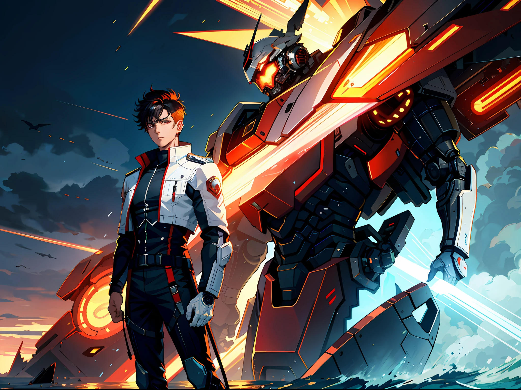 HD clear, best images, illustrations, super detailed, a young man wearing a cyberpunk style (white combat uniform), detailed face, and facial features, standing on the seaside pier with a thoughtful expression on his face, behind him is a huge red mech