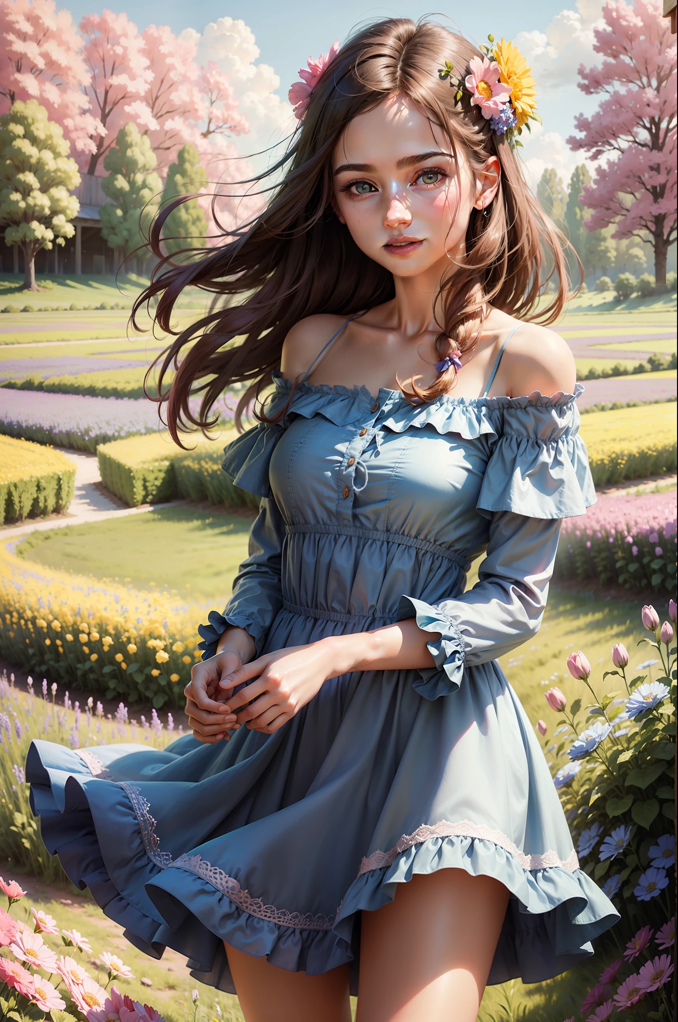 Best quality, masterpiece, ultra high res, (photorealistic: 1.4), raw photo, 1girl, blue dress, off shoulder, field of flowers in bloom, bright skin, light smile, sereja flower, digital art, best quality, pink tones, pink flowers