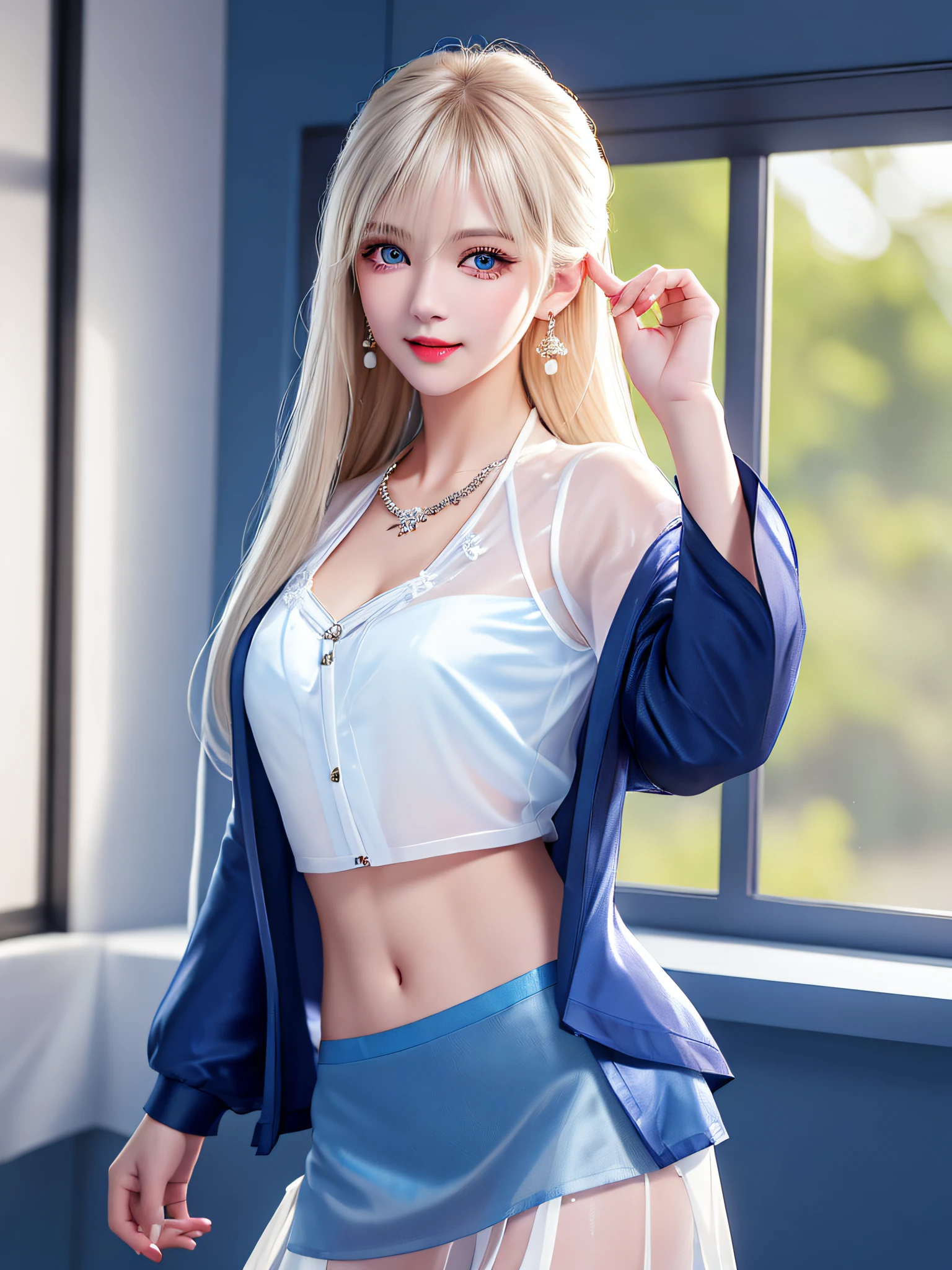 Female Teacher Standing in Classroom v6, Necklace, Earrings, Full Body V6, Long Gray Hair, Translucent Clothes, Visible, Superb, Ultra High Definition, RAW Photo, Realism 1.25), (Bright Lip Gloss, Long Eyelashes, Smooth) Face, Bright Skin, Natural Shadows, Wide Light, Wide Light, Depth of Field, Strong Colors, Subtle Caustics: 0.8), Smile, (Big), V6 Principles, High Resolution, Ultra Detail), Smile, (Big), V6 ((Adriaan Honnig))) Girl with blonde hair and blue eyes, beautiful and thin ((white sheer blouse front opening, black silk underwear, underwear bite, sexy pose, back figure, gaze is by the window, ((dark blue jacket, white sheer blouse, white sheer mini flared skirt))