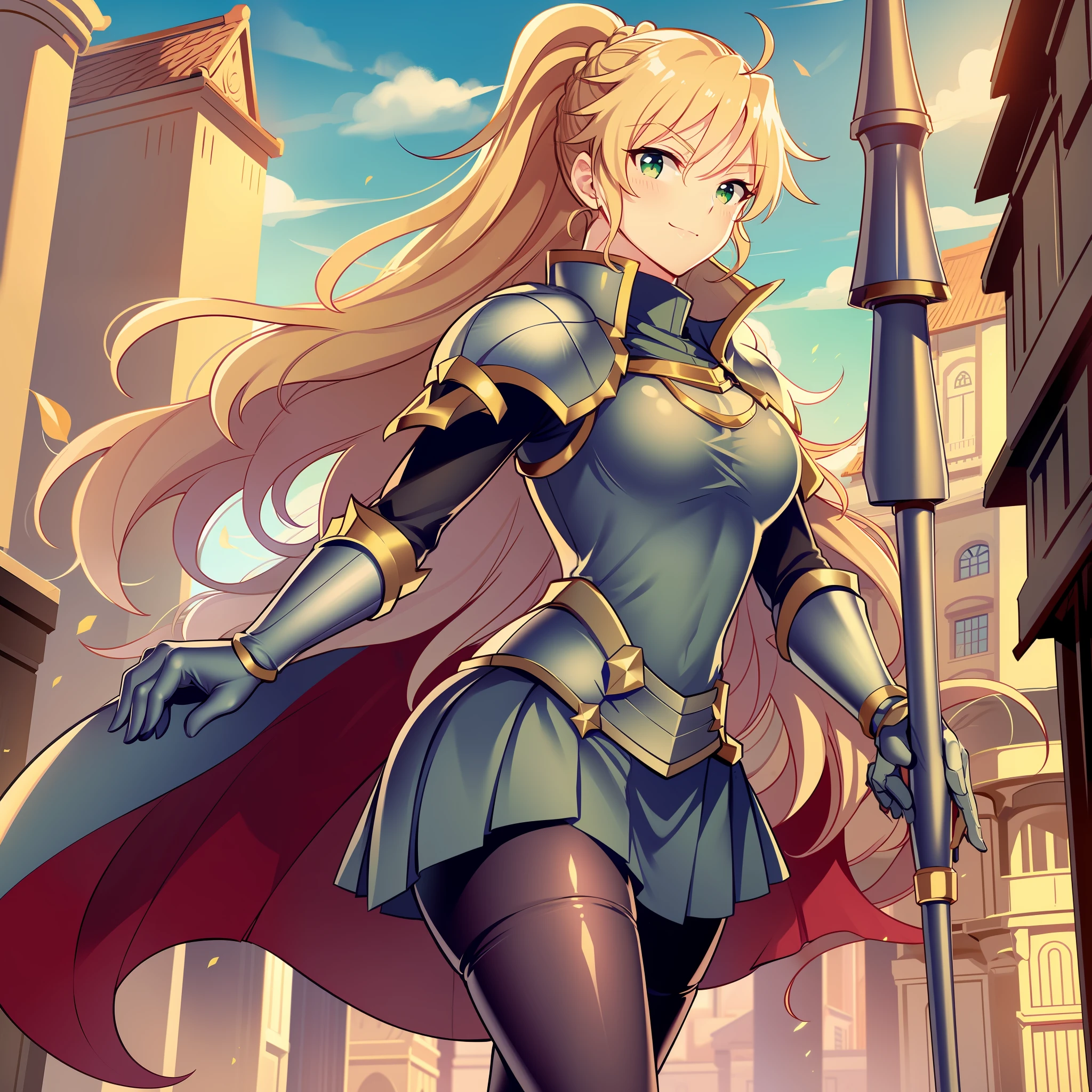 skirt vest, pantyhose, ponytail, long hair, blond hair, knight, medium breast,alicetaria february, green eyes,, walking, staff holding, cape,smile