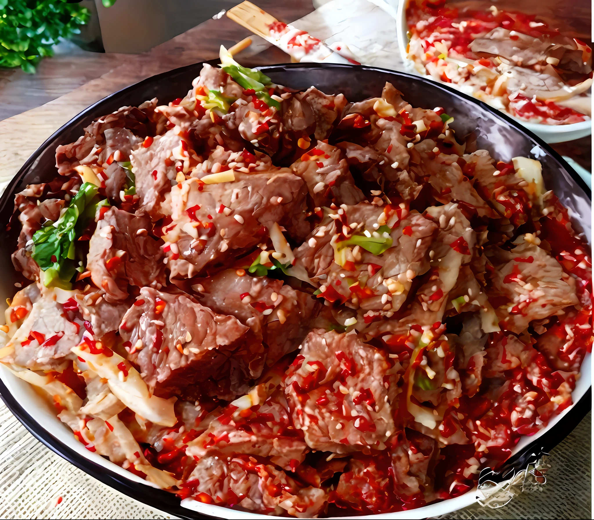 there is a bowl of food with meat and vegetables on a table, sichuan, yummy, daopao, gujian, in style of pan ren wei, chinese, aokamei, qiangshu, 王琛, pork, hua cheng, sauce, daoshu, traditional chinese, tang mo, yum, dish, wet shredded red meat