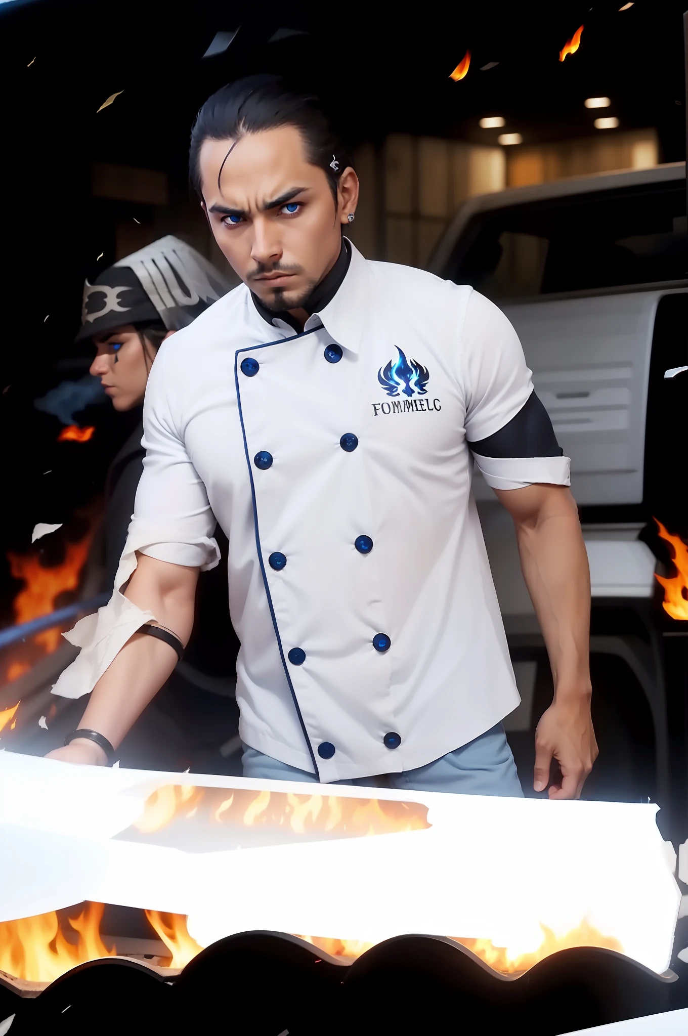background in black flames, face with darker face, blue demon eyes