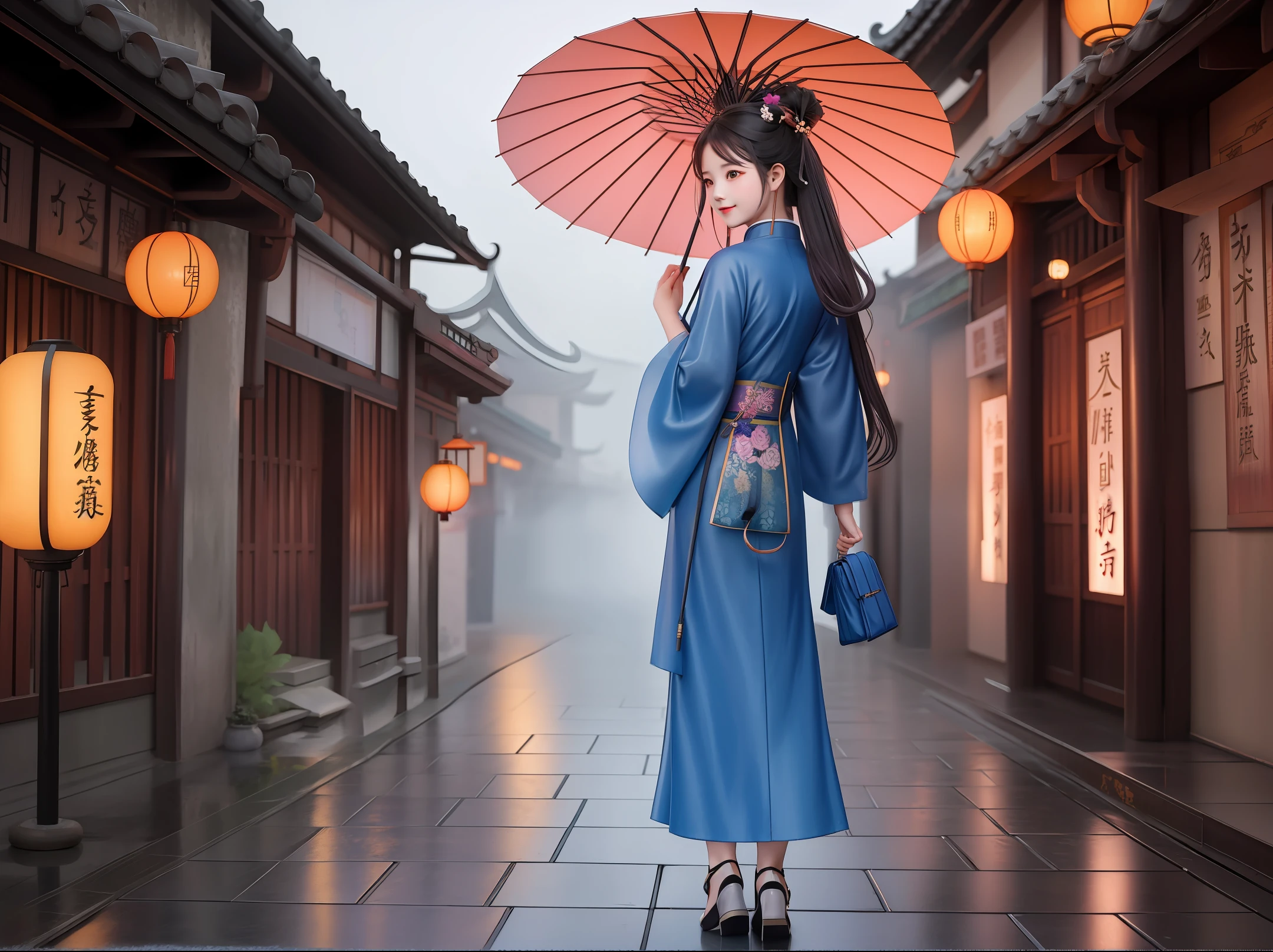 Jiangnan Rain Alley, Light Rain, Girl Holding Umbrella, Handbag, Back