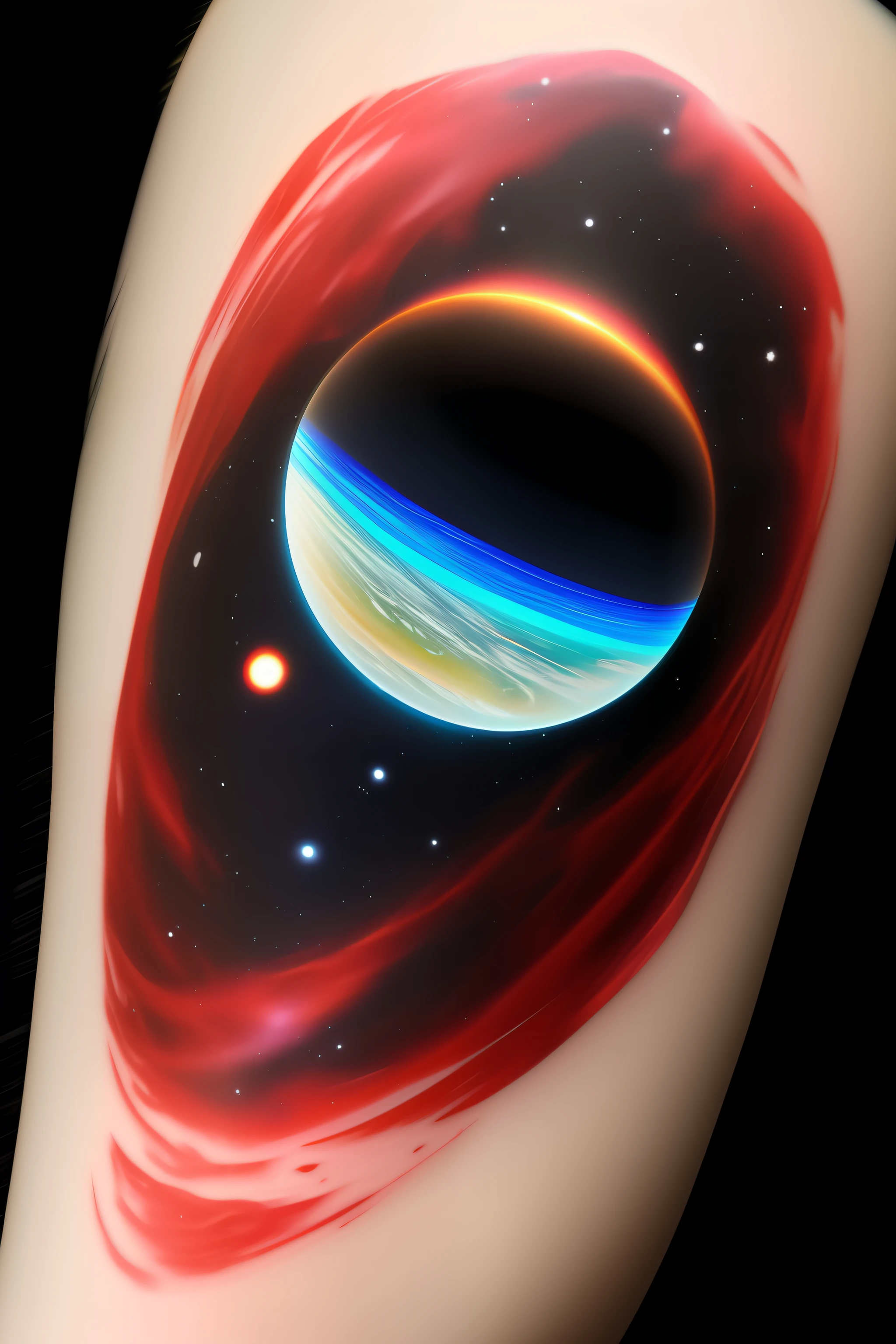 A black hole being observed by an astronaut, image in tattoo form