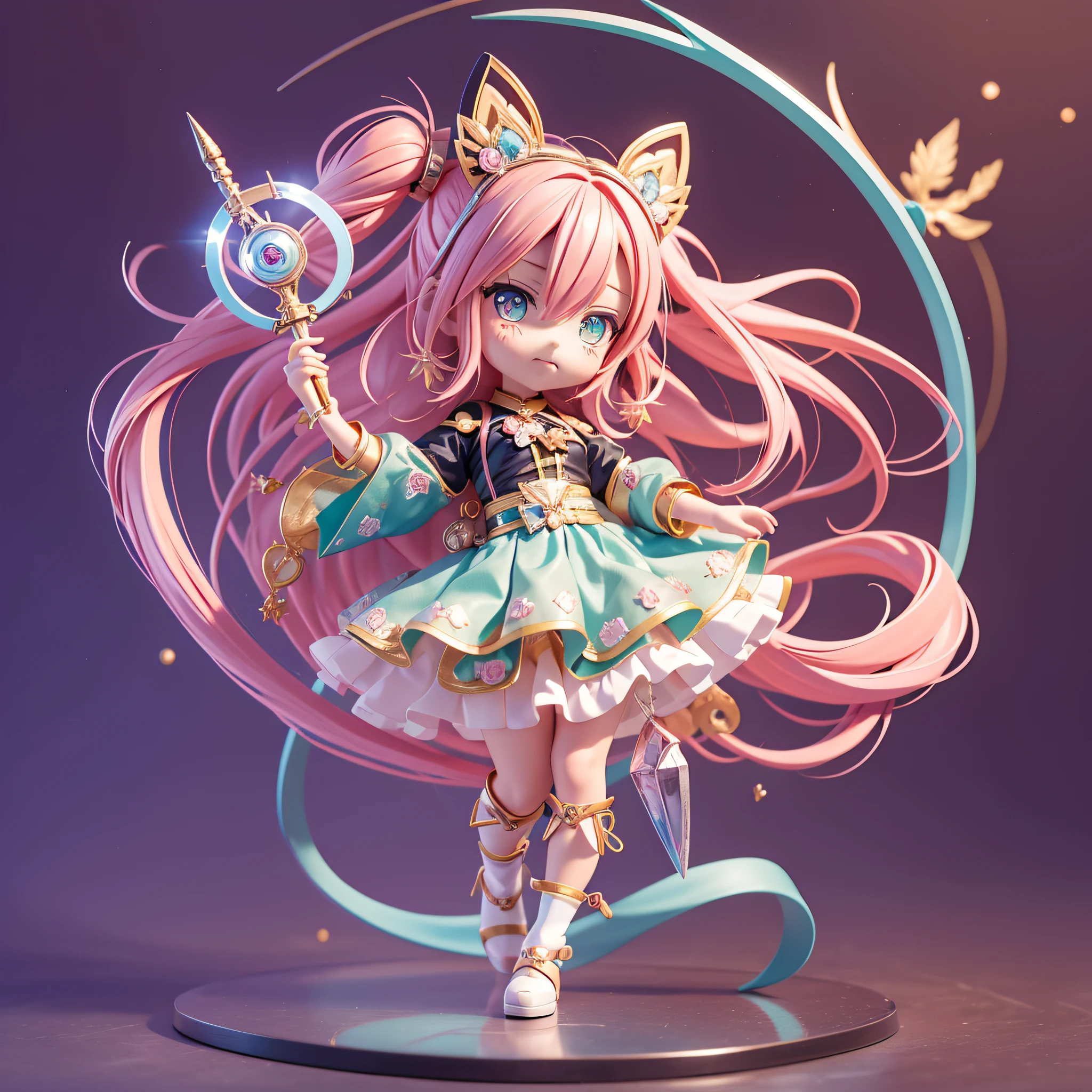 Girl Anime Figure, 3d Rendering by Hitoshi Homura, Trending with Polycount, Conceptual Art, Anime Style 3D, Stylized Anime, Cute 3D Anime Girl Rendering, Anime Girl Running, Anime Moe Art Style, Style as Nendoroid, Cute 3D Rendering, Anime Stylization, Anime girl with pink hair, anime girl running, young anime girl, chibi anime girl, cute!! Chibi!!!, anime girl, witch, girl in uniform, chibi girl, cute anime girl, anime chibi, cute anime girl portrait, anime girl, cute witch, anime girl with medium long hair, pink hair female anime character, little devilish eyes, little devil tsundere, posing in white dress, chibi, Chibi cute, chibi, mini size, pretty girl, 2nd class, 3rd life, wizard girl, silver bracelet, silver accessories, silver ring, magic wand, gold wand, little tsundere, mouth looking a little angry, eyes looking a little angry, mouth slightly pursed, full body figure, full body, chibi figure, minifigure, turquoise cane, turquoise wand, magic wand, magical girl, mini size, mini
