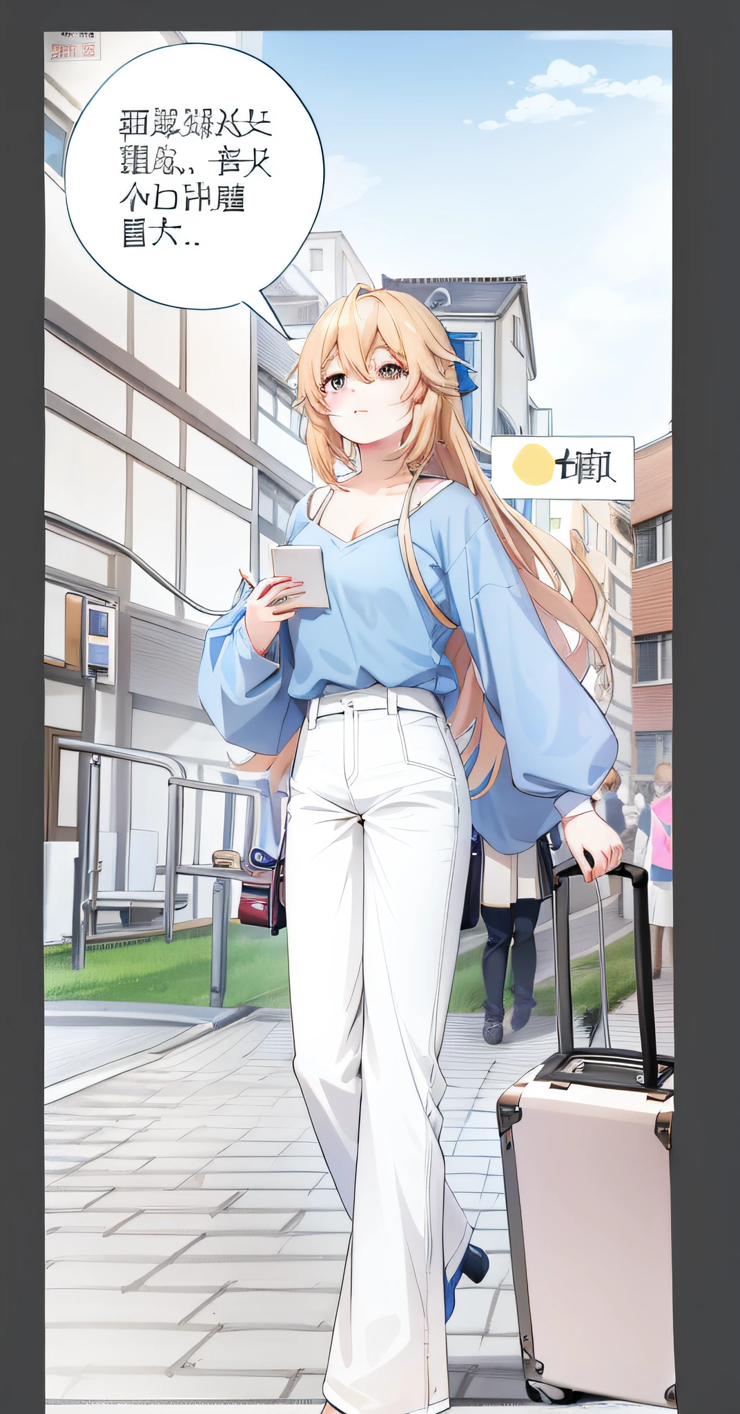 An image of a college girl looking for someone with a suitcase and a note, inspired by Ma Yuanyu, anime style, wearing a blue top and white pants, long straight yellow hair, anime style, Mizuida art manga, popular on CGSTATION, full body sassy, cel-shadow art style