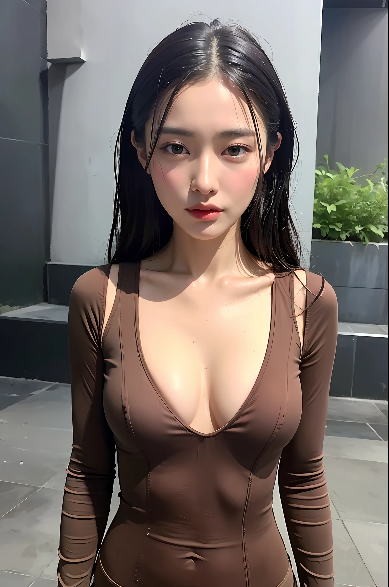 (top quality, 4k, masterpiece: 1.3), beautiful woman, single woman, (breasts, attractive body: 1.2), abs: 1.1, dark brown hair: 1.1, (rain wet, rain wet, wet body: 1.2), ultra-detailed face, detailed lips, detailed eyes, double eyelids, knee up, bodysuit