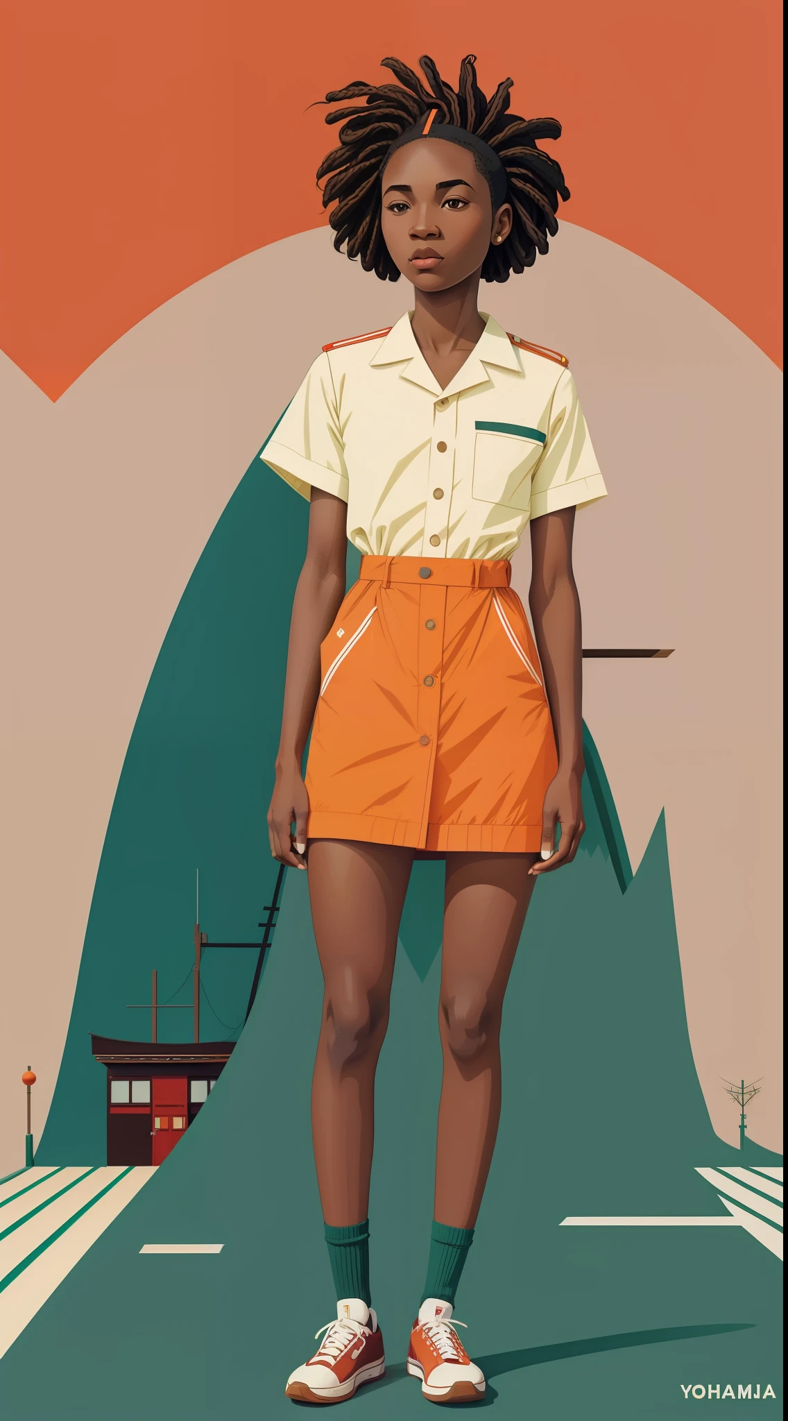 yoshitomo nara:1.5, wes anderson:1.3, new casualism, retro, minimalism (1 african girl with dreads hair and vintage clothes) sexy, cameltoe,abstract minimalist background,yoshitomo nara:1.5, wes anderson:1.3, new casualism, retro, minimalism