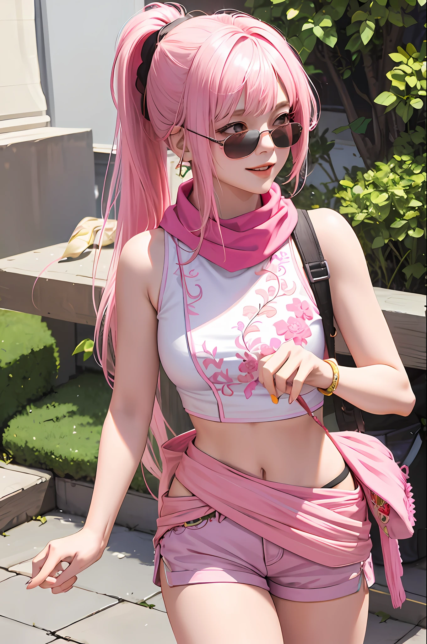 masterpiece, top quality, colorful hair, outdoor, upper body, pink lid sunglasses, pink short ponytail, side up hair, smile, colorful hair, sleeveless, pink china clothes, delicate embroidery, black shorts, blunt bangs, 1girl,solo, photorealistic, high resolution, 1 girl, cowboy shot, She wears a red scarf around her waist